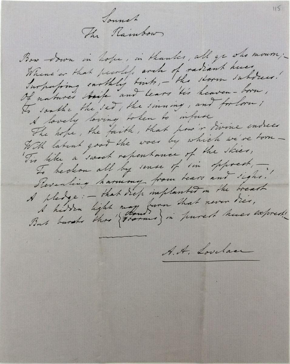 The Rainbow, a sonnet written in Ada Lovelace's own hand, held at Somerville College, Oxford.