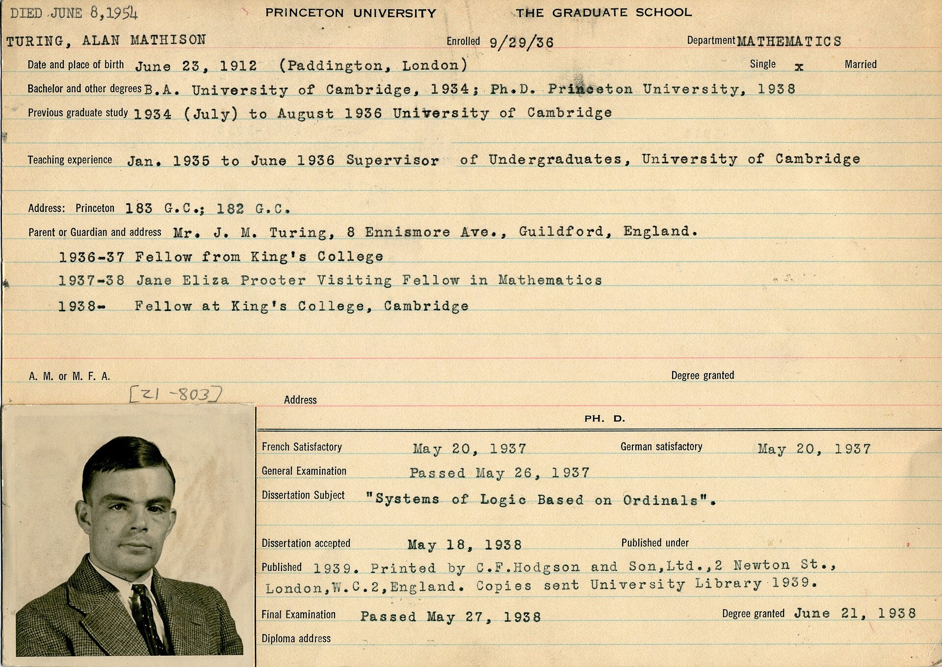 Alan Turing at Princeton University in 1936.