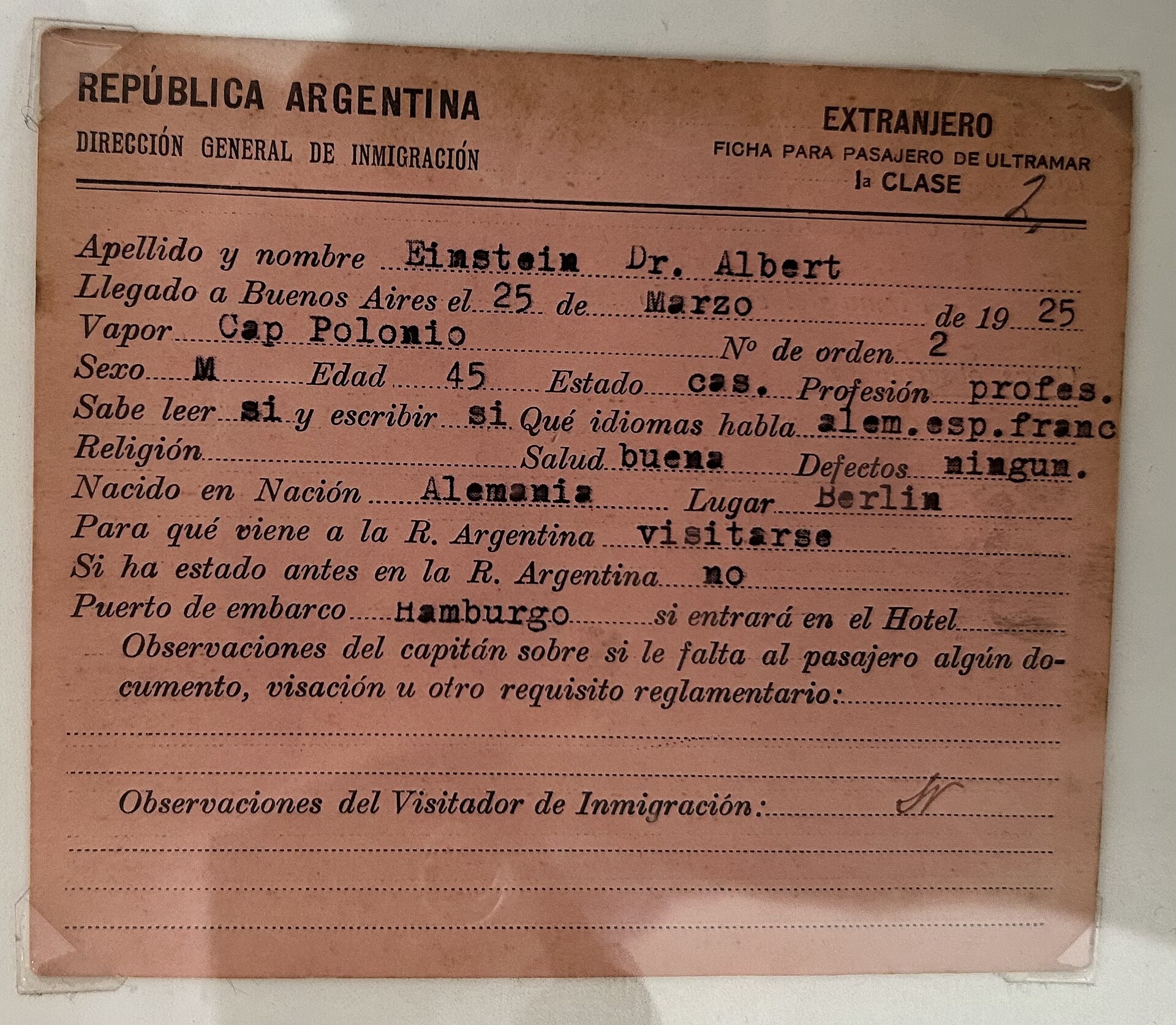 An index card recording Albert Einstein's entry into Argentina during a lecture tour in 1925.