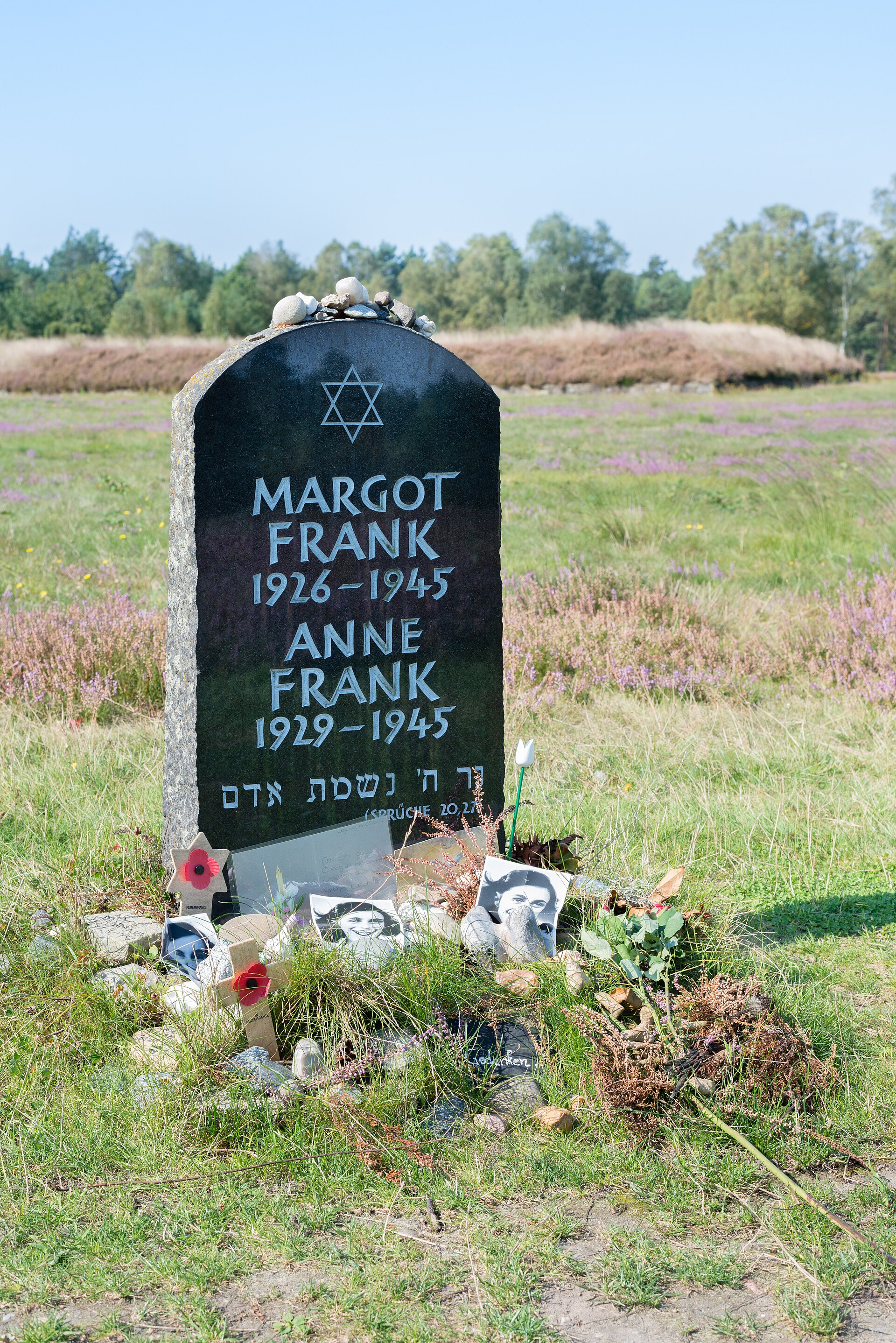 The representative grave of Anne Frank and her sister Margot at the Bergen-Belsen memorial. — Norbert Nagel, CC BY-SA 3.0 (Wikimedia Commons)