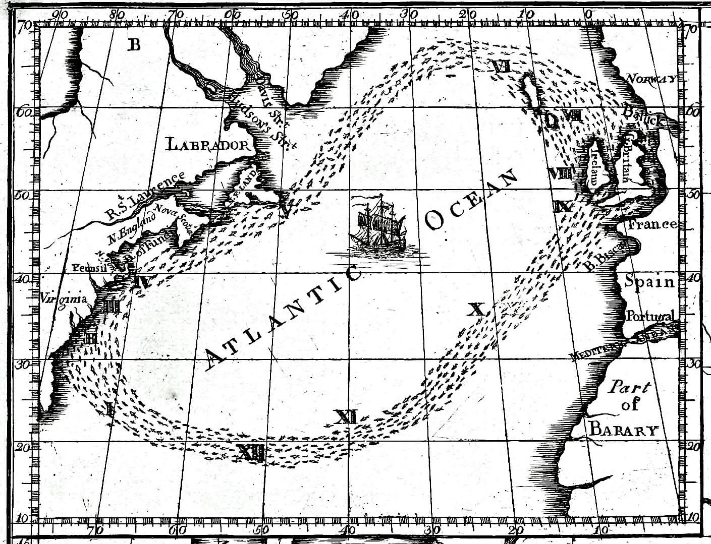 Benjamin Franklin's 1786 chart of the Gulf Stream.