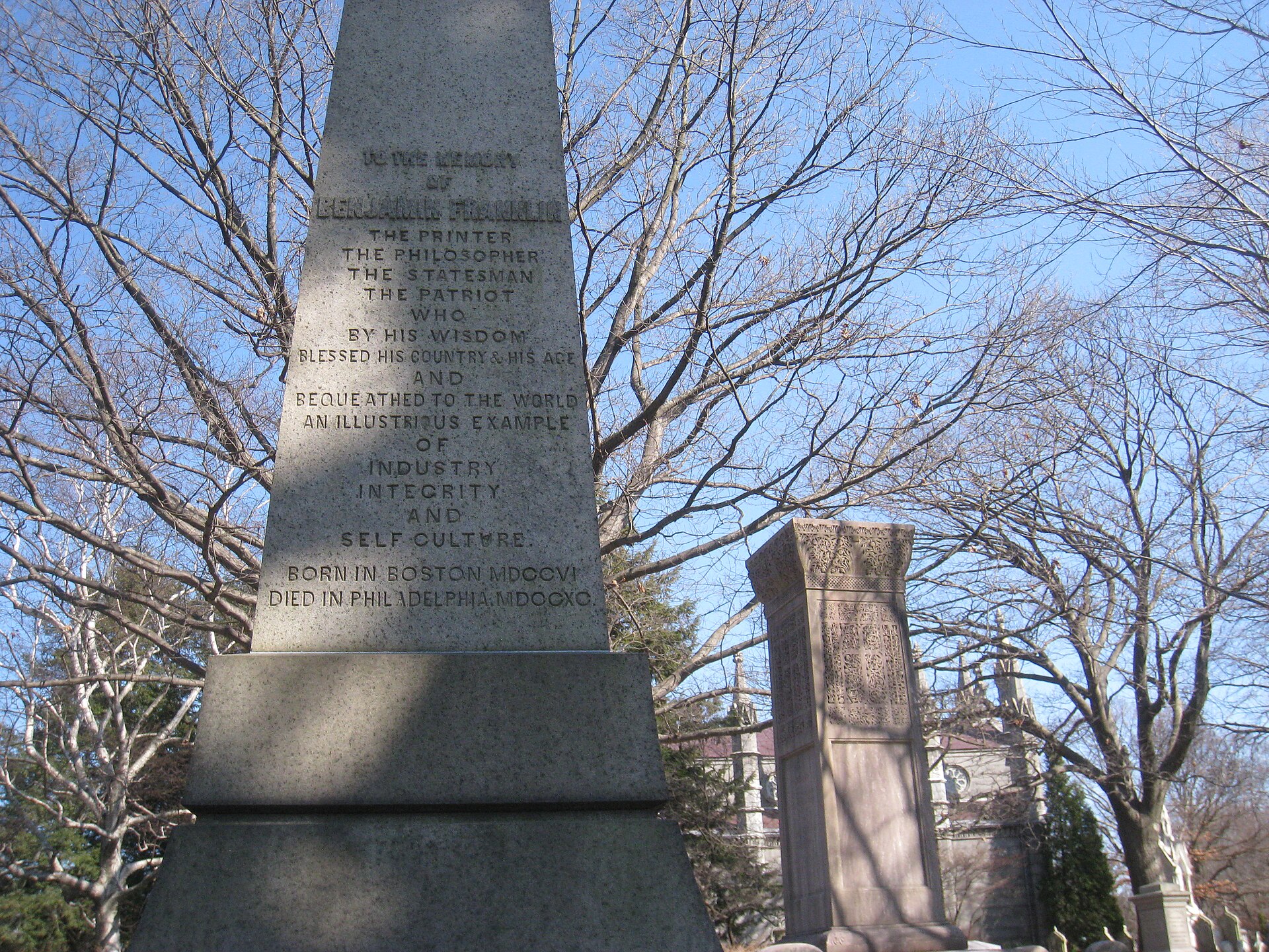 Benjamin Franklin cenotaph at Mount Auburn Cemetery in Cambridge, Massachusetts.