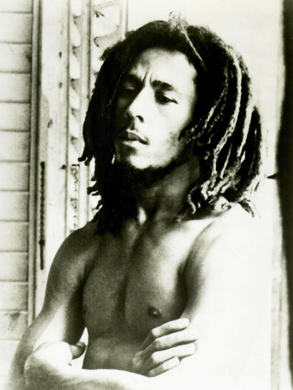 Bob Marley in a press photograph dated to 1977.