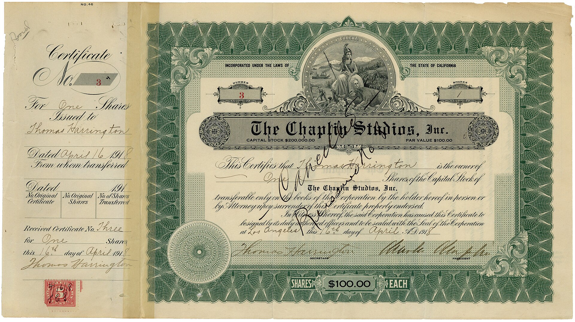 A 1918 Chaplin Studios stock certificate signed by Charlie Chaplin as president.