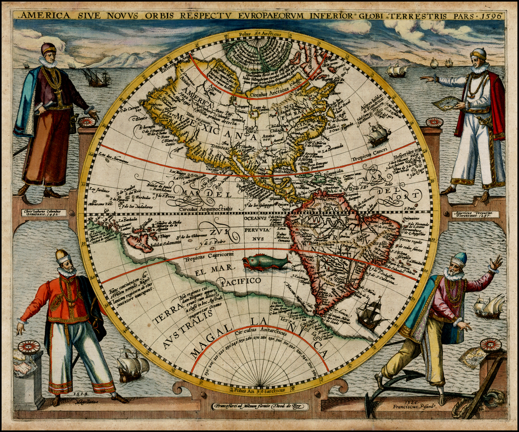 A 1596 map of the New World by Theodor de Bry, with Christopher Columbus among the figures depicted.