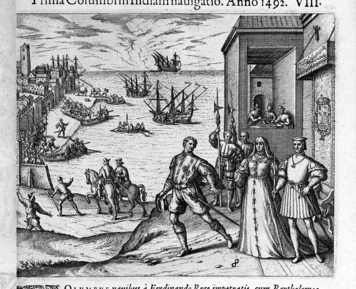 Engraving from a 16th-century volume recounting the discovery of the West Indies by Christopher Columbus.