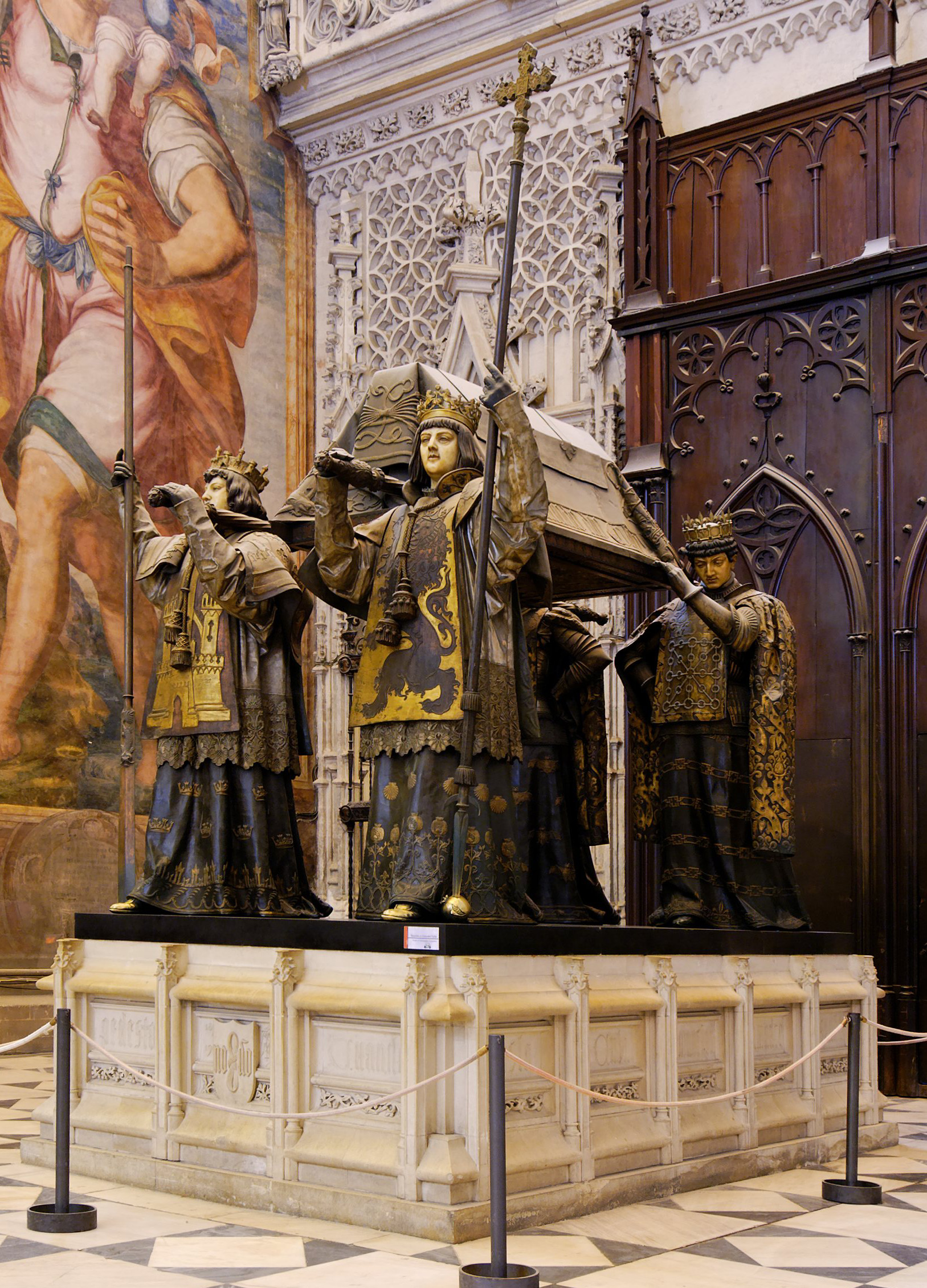 The tomb of Christopher Columbus in Seville Cathedral, Spain. — Sevilla_cathedral_-_tomb_of_christopher_columbus.jpg : Pom² derivative work: Miguel Ángel "fotógrafo" ( talk ), CC BY-SA 3.0 (Wikimedia Commons)