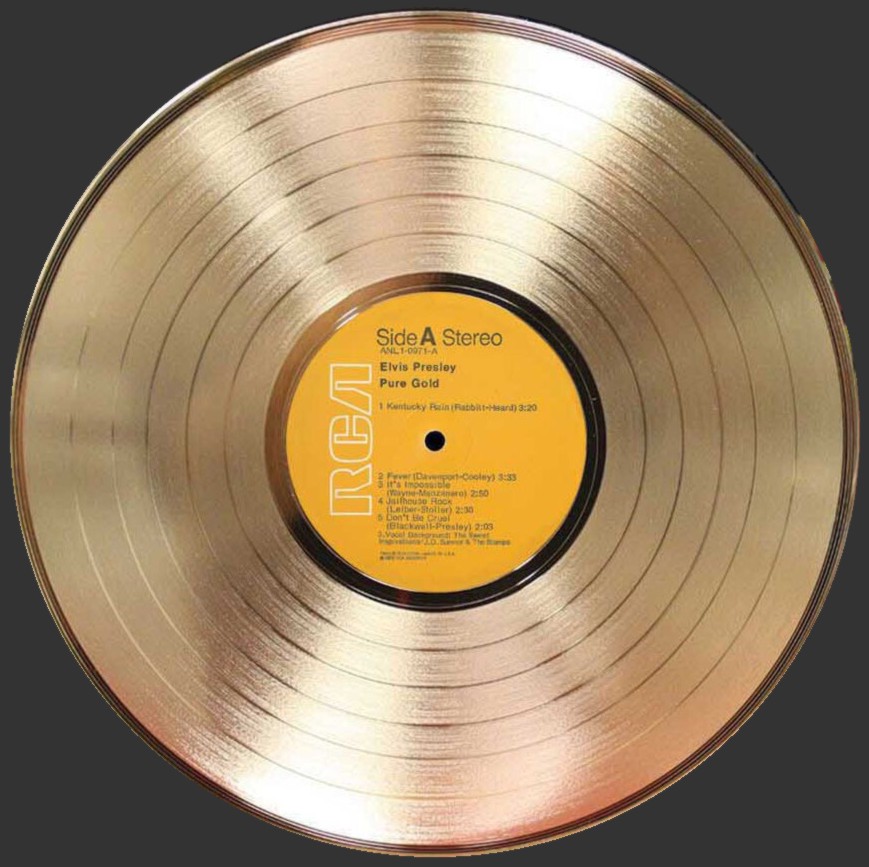 A gold record of Elvis Presley's compilation album Pure Gold.