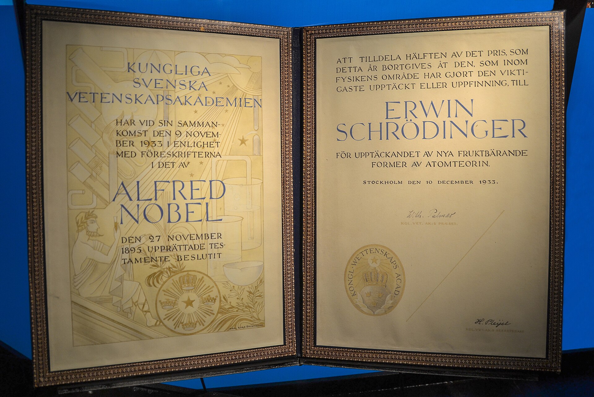 The Nobel Prize diploma awarded to Erwin Schrödinger. — Artist: Elsa Örtengren [ 1 ] Photographer: Mosbatho, CC BY 4.0 (Wikimedia Commons)