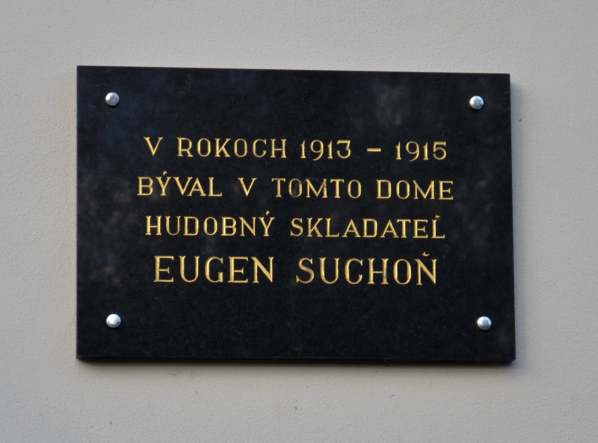 A memorial plaque to Eugen Suchoň on Sládkovičova Street in Krupina. — Ladislav Luppa, CC BY-SA 4.0 (Wikimedia Commons)