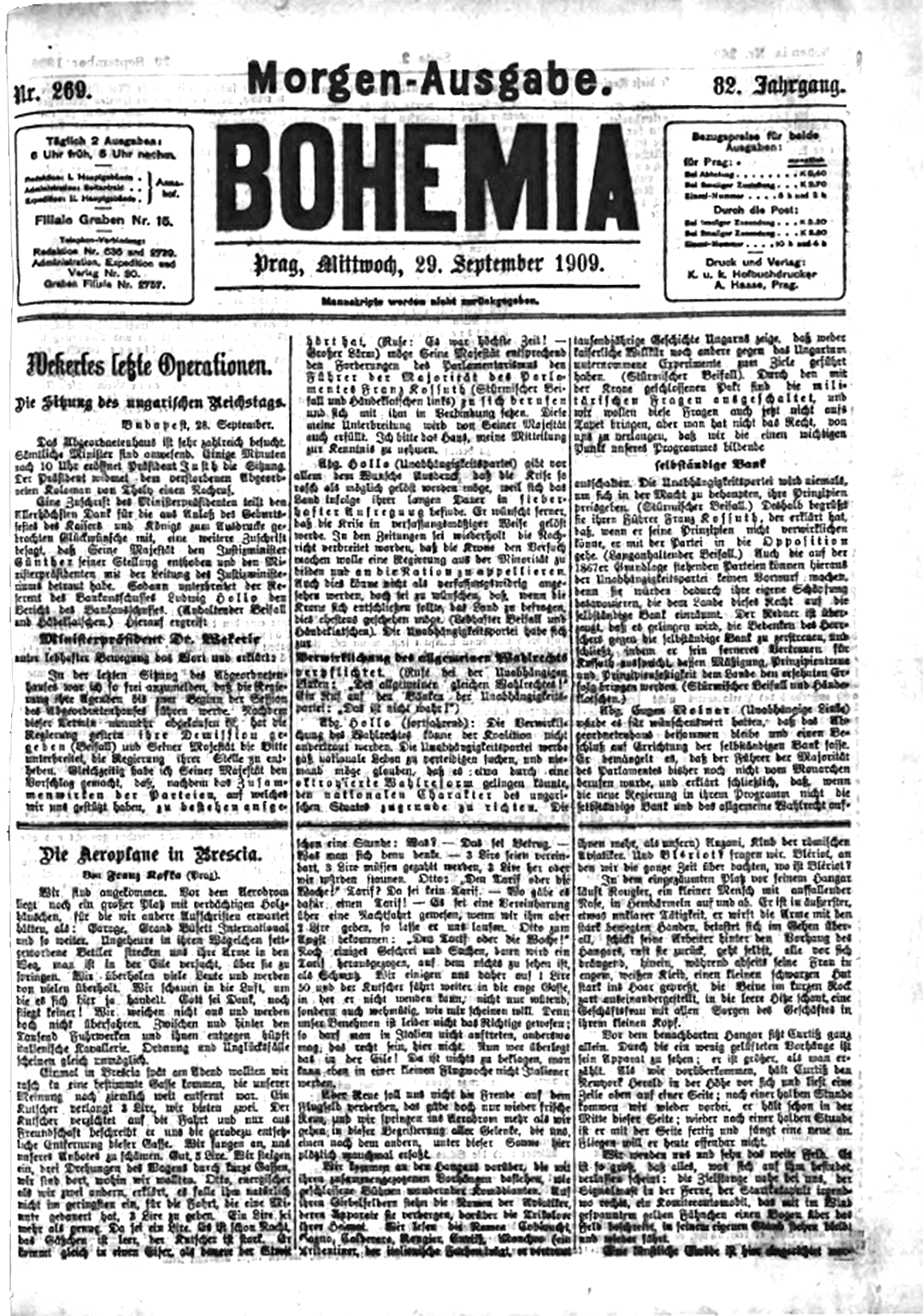 The morning edition of the Bohemia newspaper from 29 September 1909, in which Franz Kafka's writing appeared.