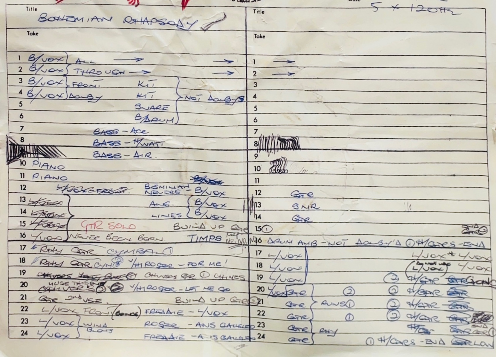 A replica of the recording track sheet for Queen's 1975 song Bohemian Rhapsody. — 海獺, CC BY-SA 4.0 (Wikimedia Commons)