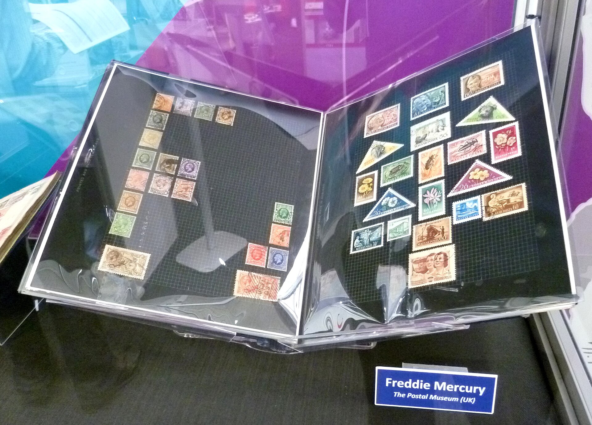 Part of the stamp collection that Freddie Mercury assembled as a boy. — Philafrenzy, CC BY-SA 4.0 (Wikimedia Commons)