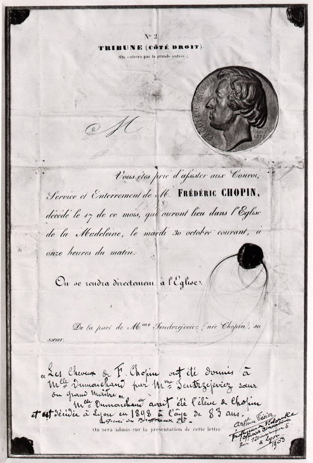 The announcement of Frédéric Chopin's funeral, held at the Church of the Madeleine in Paris in October 1849.