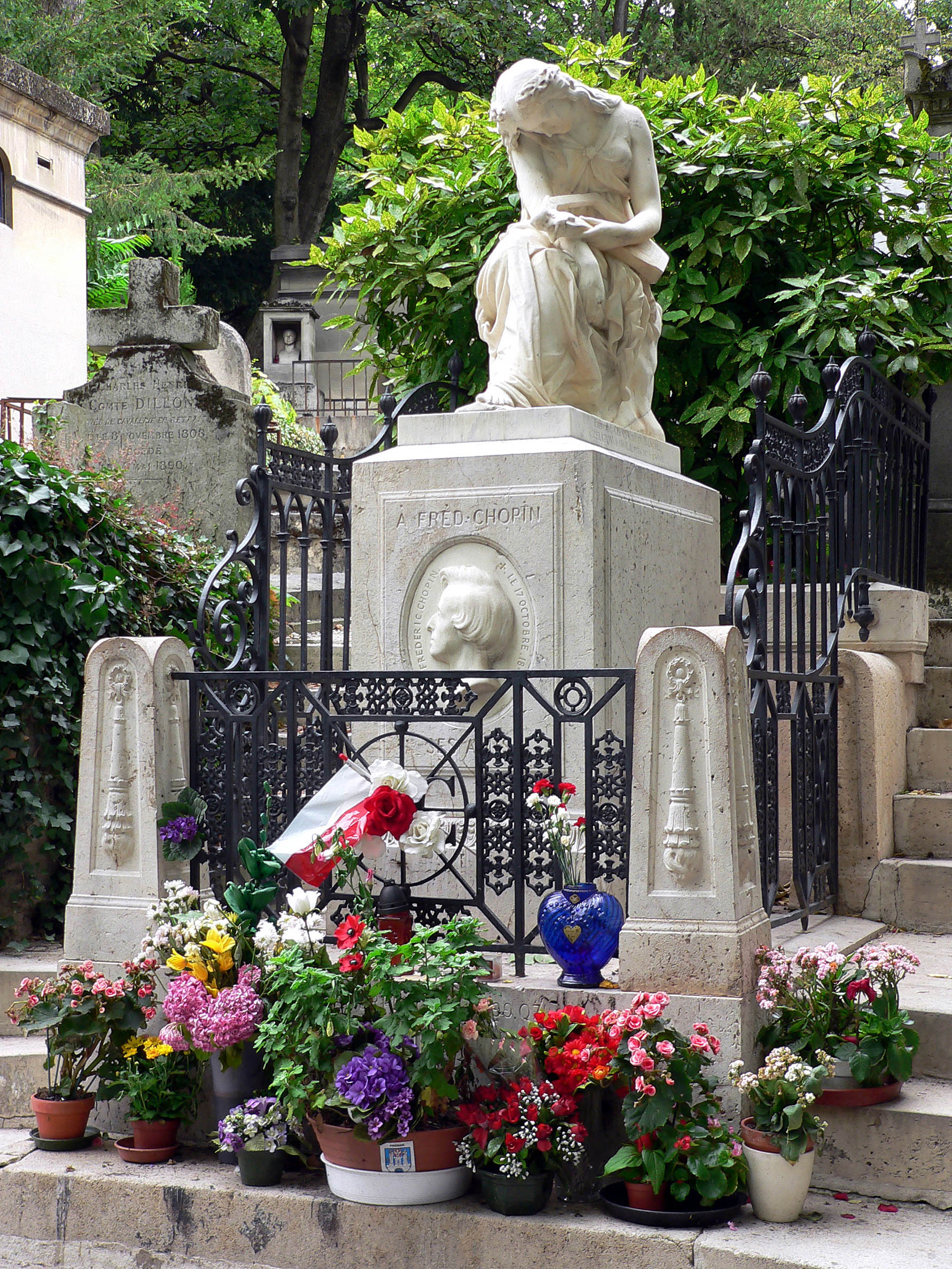 The grave of Frédéric Chopin at Père-Lachaise Cemetery in Paris, crowned by a statue of the muse of music.