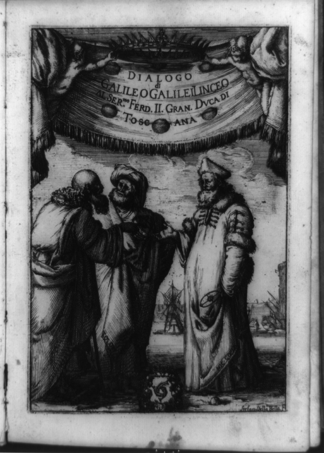Frontispiece engraving showing Aristotle, Ptolemy and Copernicus discussing astronomy, from Galileo Galilei's Dialogue.