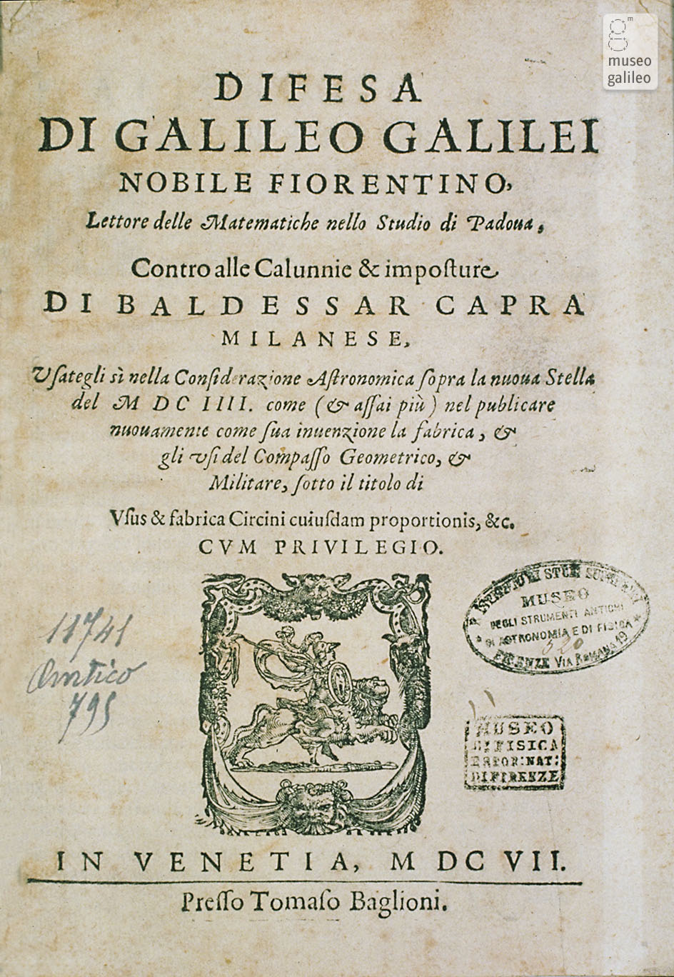 Title page of Galileo Galilei's Difesa contro le calunnie di Baldessar Capra, published in 1607.