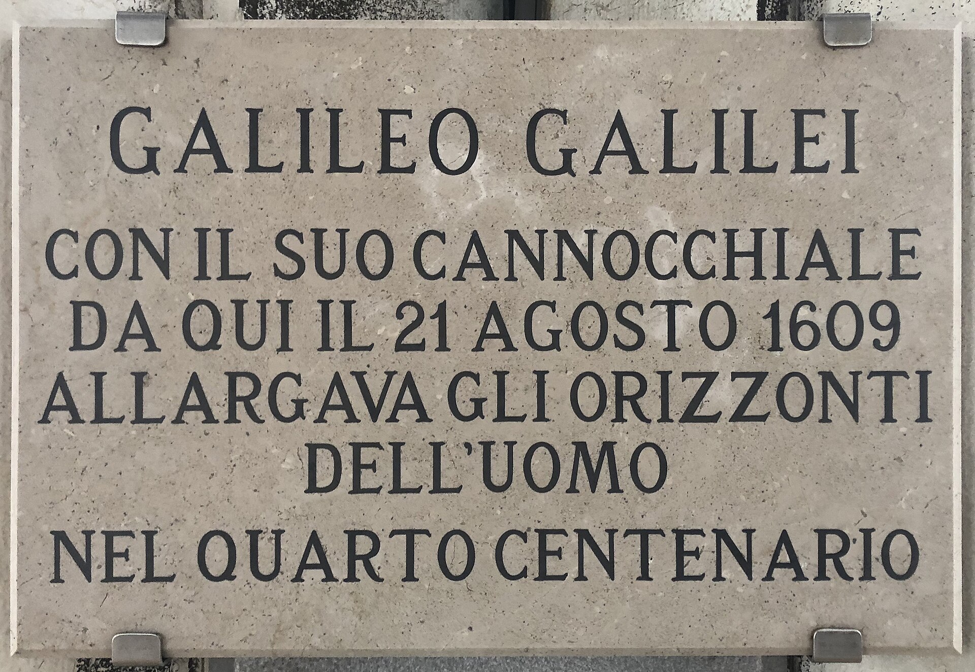 Inscription on St Mark's Campanile in Venice commemorating Galileo Galilei's demonstration of his telescope in 1609. — Chansey, CC BY-SA 4.0 (Wikimedia Commons)