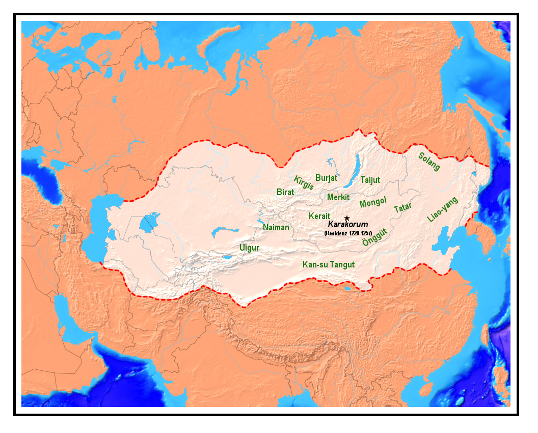 Map showing the extent of the empire of Genghis Khan at his death in 1227. — Hardcore-Mike, CC BY-SA 3.0 (Wikimedia Commons)
