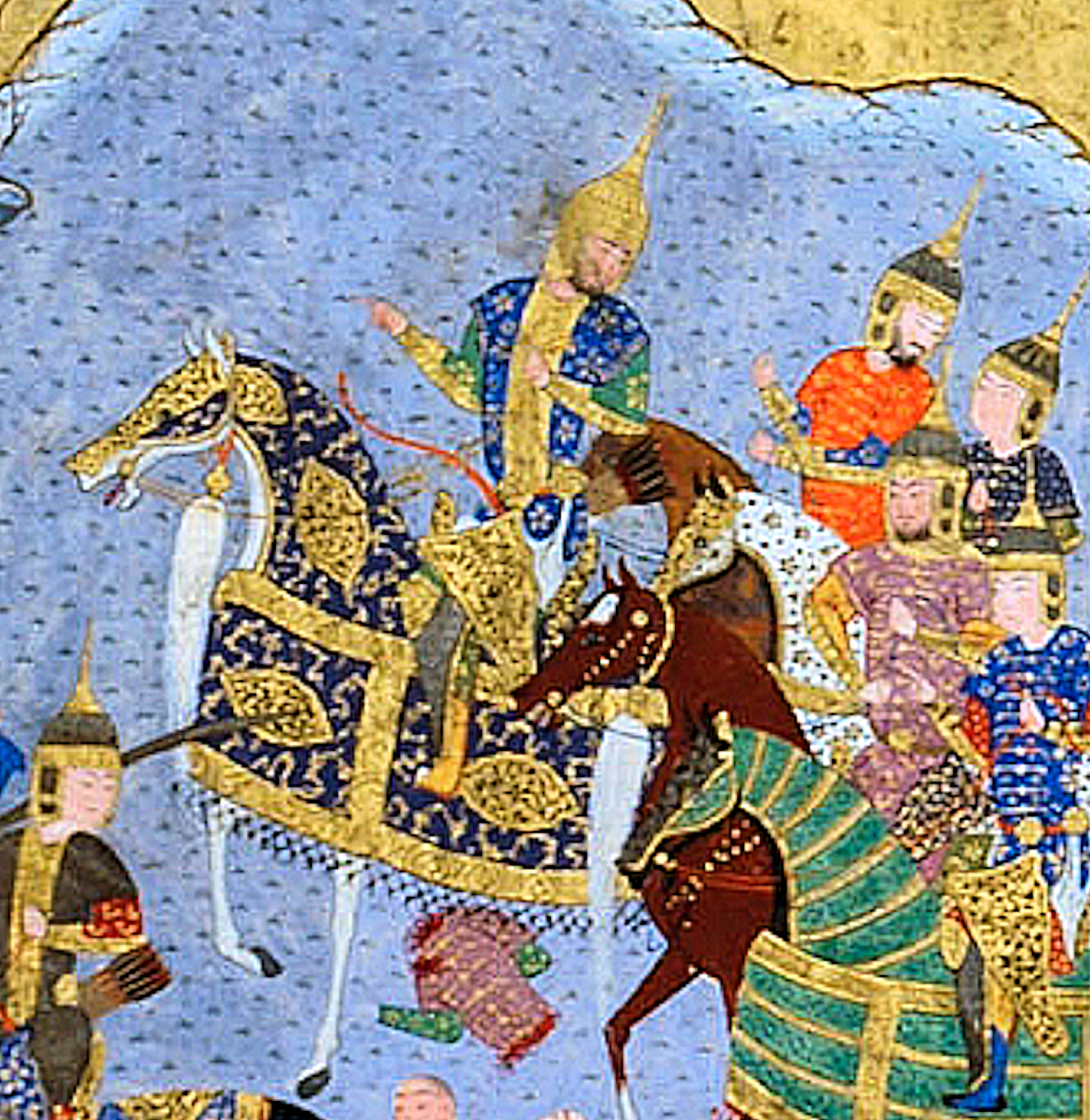 Detail of a 1529 manuscript illustration depicting Genghis Khan at the Indus River.