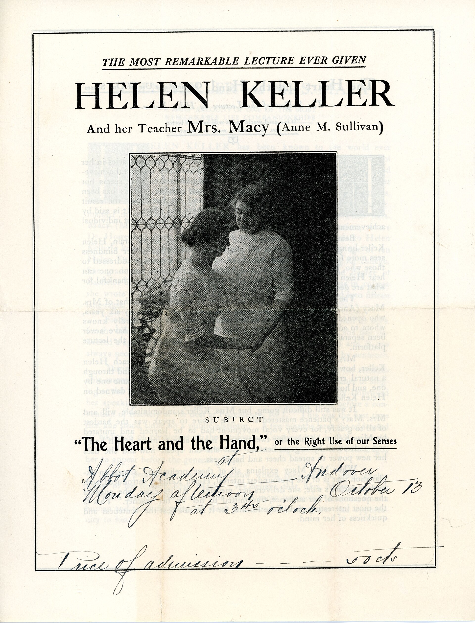 Programme from a lecture given by Helen Keller at Abbot Academy. — Abbot Academy, CC BY-SA 4.0 (Wikimedia Commons)