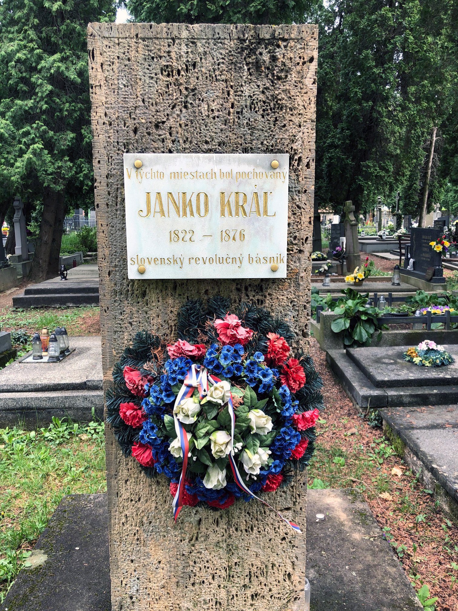 A memorial plaque marking the probable burial place of Janko Kráľ in Zlaté Moravce.