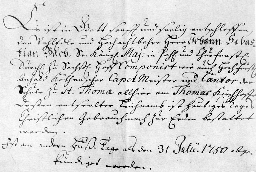 The printed announcement of Johann Sebastian Bach's death in 1750.