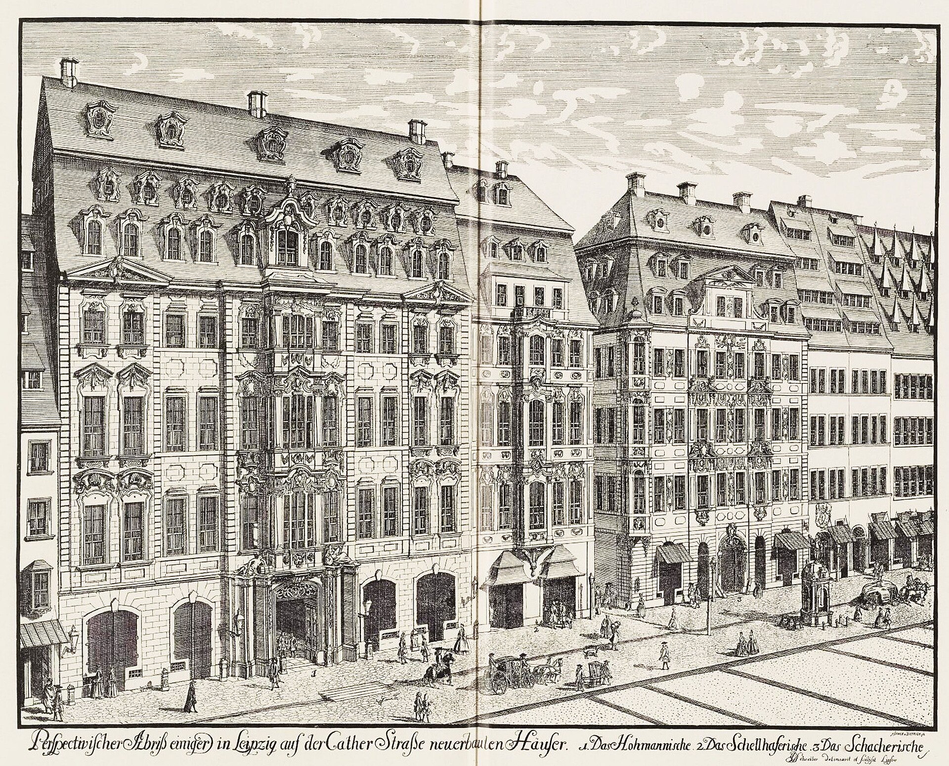 An engraving of Katherinenstraße in Leipzig around 1720, where Bach led the Collegium Musicum at Café Zimmermann.