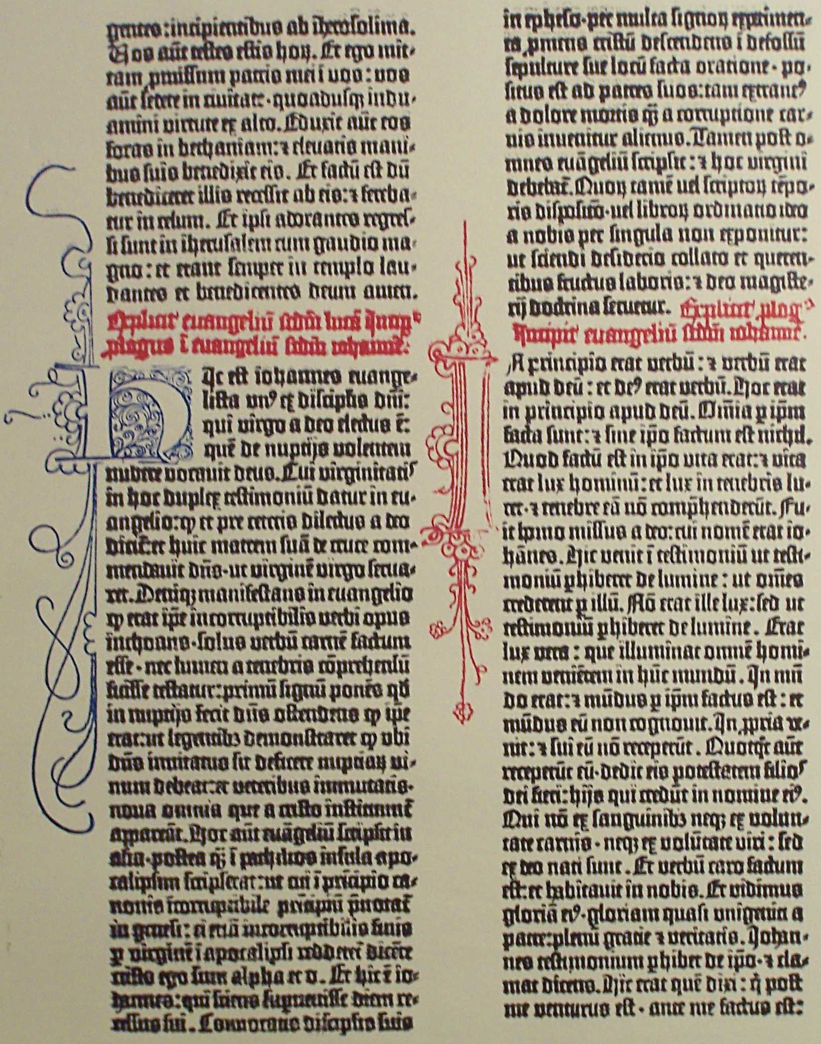 A printed page reproducing the 42-line Bible, the masterwork of Johannes Gutenberg's early printing.