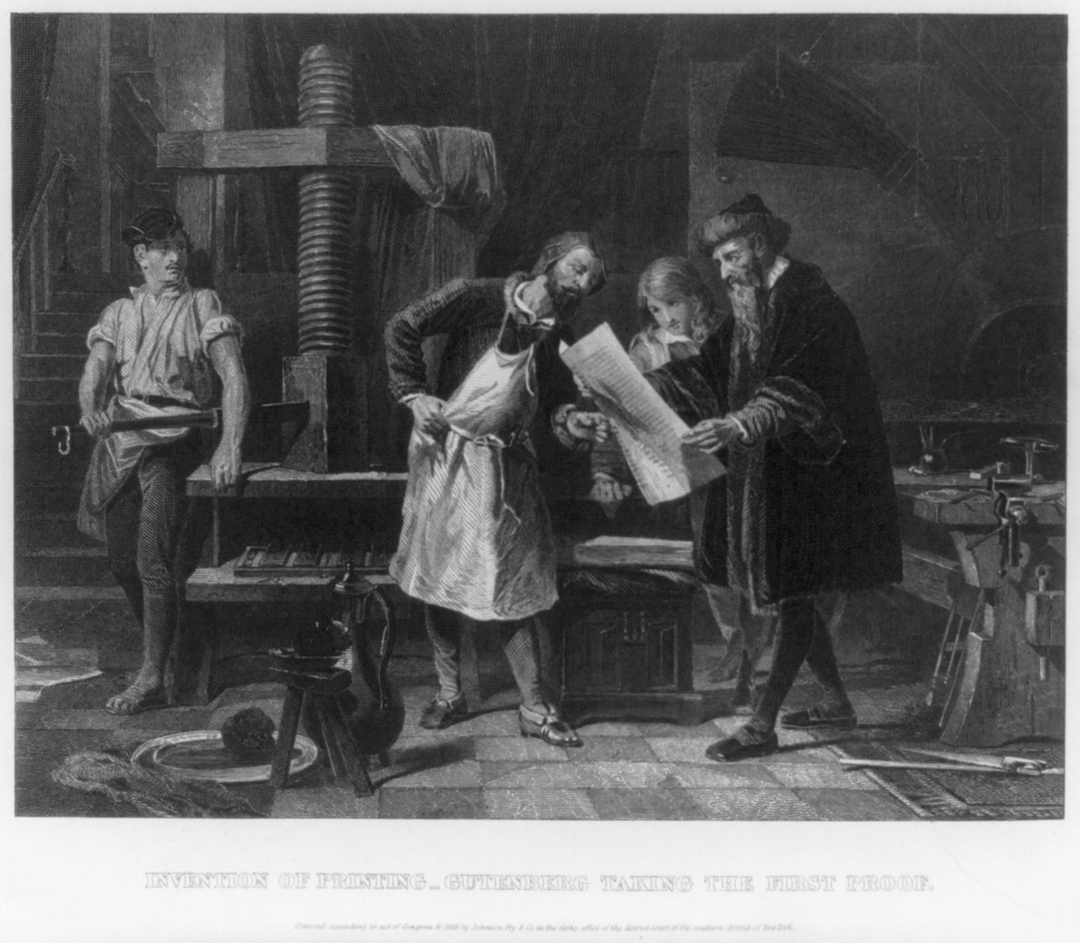 A steel engraving depicting Johannes Gutenberg examining the first proof from his printing press.