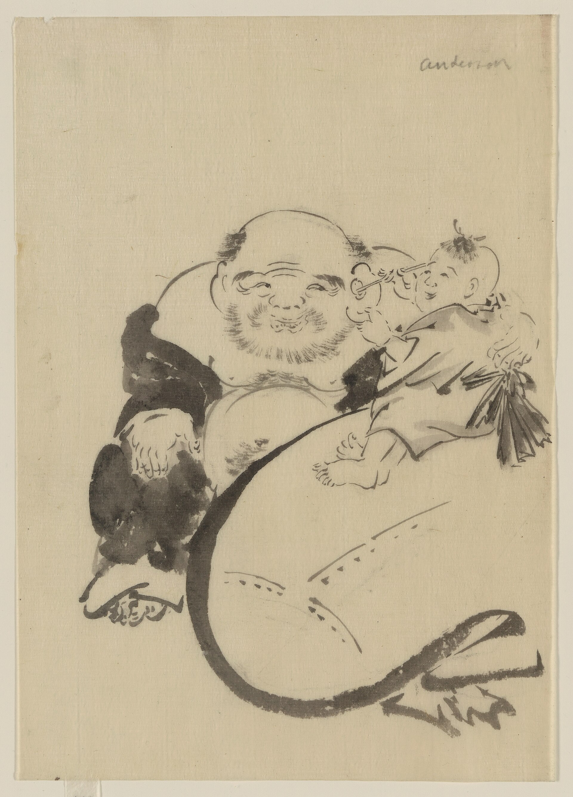 Hotei, the god of good fortune, seated beside his bag with a small child, an ink drawing by Katsushika Hokusai.