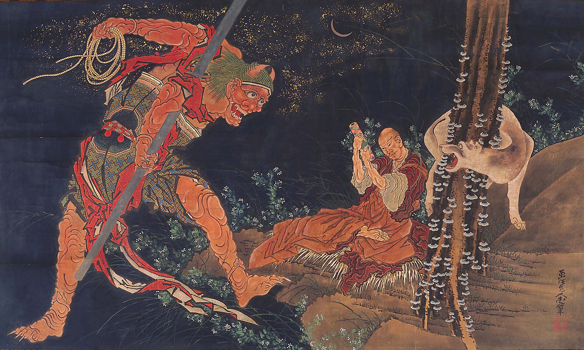 Kūkai (Kōbō Daishi) Practicing the Tantra, with a Demon and Wolf, a painting by Katsushika Hokusai.