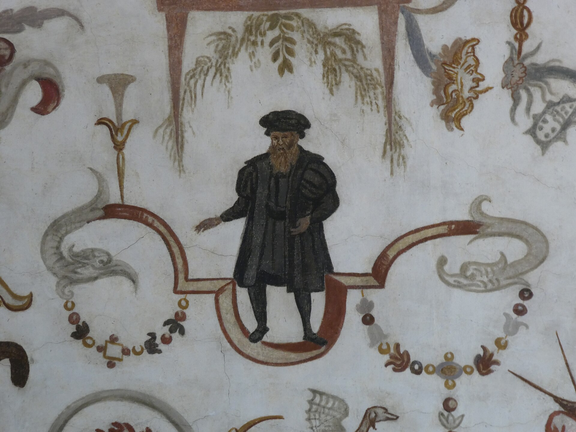 A fresco depicting Leonardo da Vinci in the Sala dei Sogni of Villa Carlotti in Caprino Veronese, Italy. — Syrio, CC BY-SA 4.0 (Wikimedia Commons)