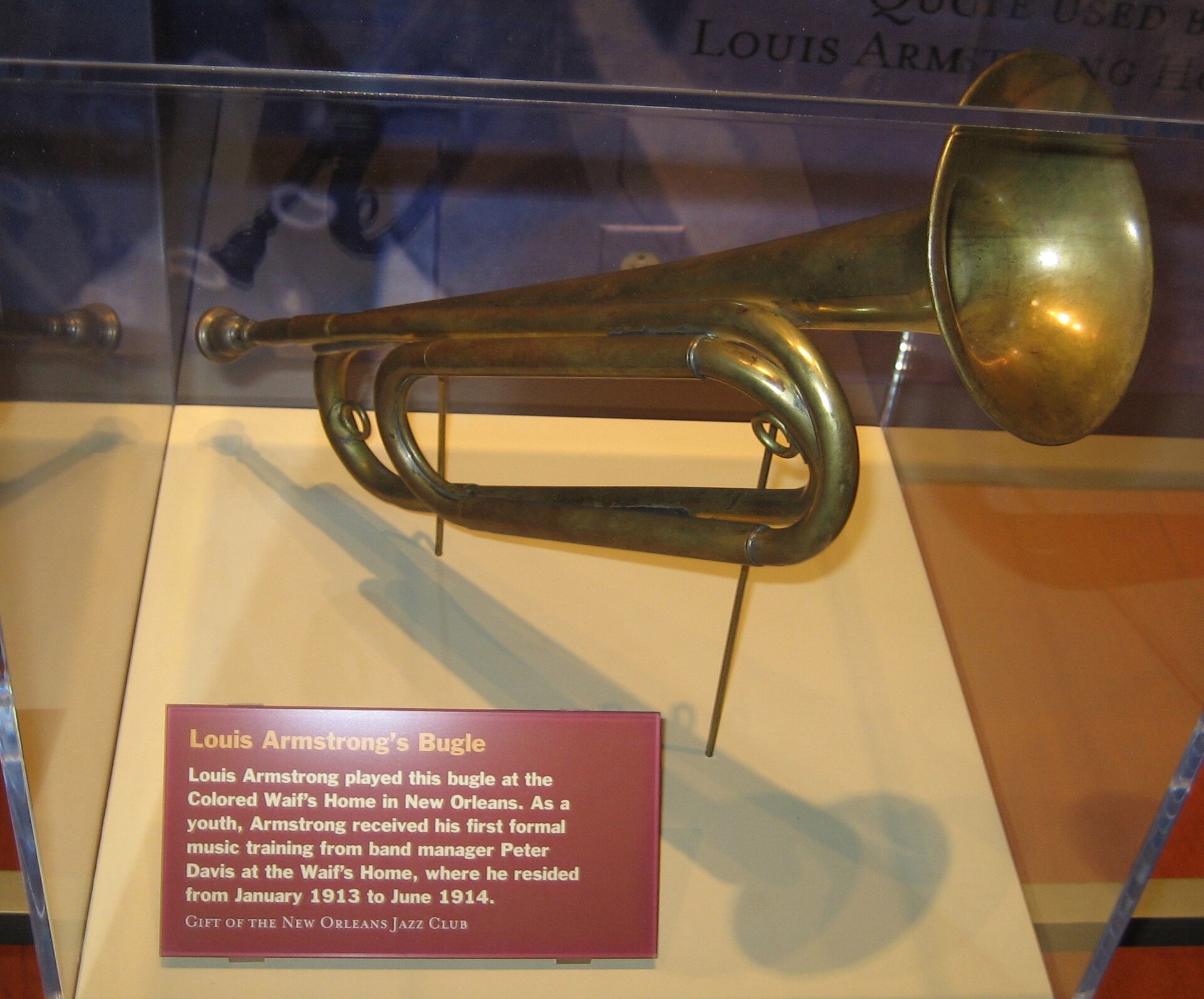 The bugle Louis Armstrong played as a child at the Colored Waif's Home, now in the Louisiana State Museum. — see above, CC BY 3.0 (Wikimedia Commons)