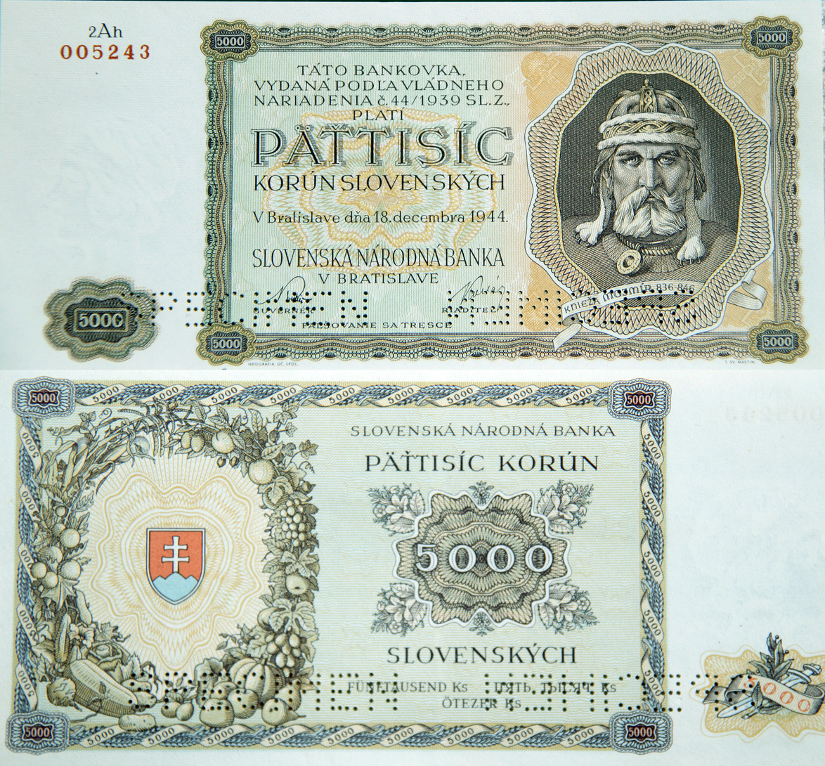 The 1944 five-thousand Slovak koruna banknote, on whose artwork Ľudovít Fulla collaborated. — Slowakische Nationalbank, National Bank of Slovakia (Preßburg)(Slovenská národná banka, Bratislava) Jozef Vlček a Ľudovít Fulla (painters);, CC BY-SA 3.0 (Wikimedia Commons)