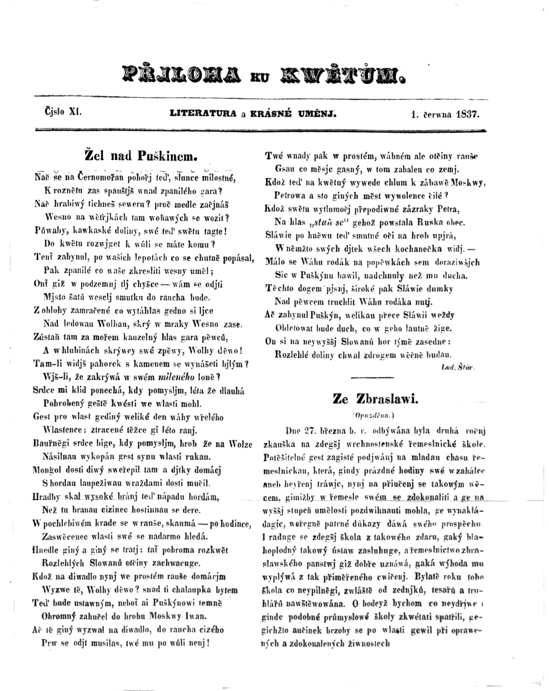 Title page of a supplement to the Czech literary magazine Květy featuring Ľudovít Štúr's poem Žel nad Puškinem.