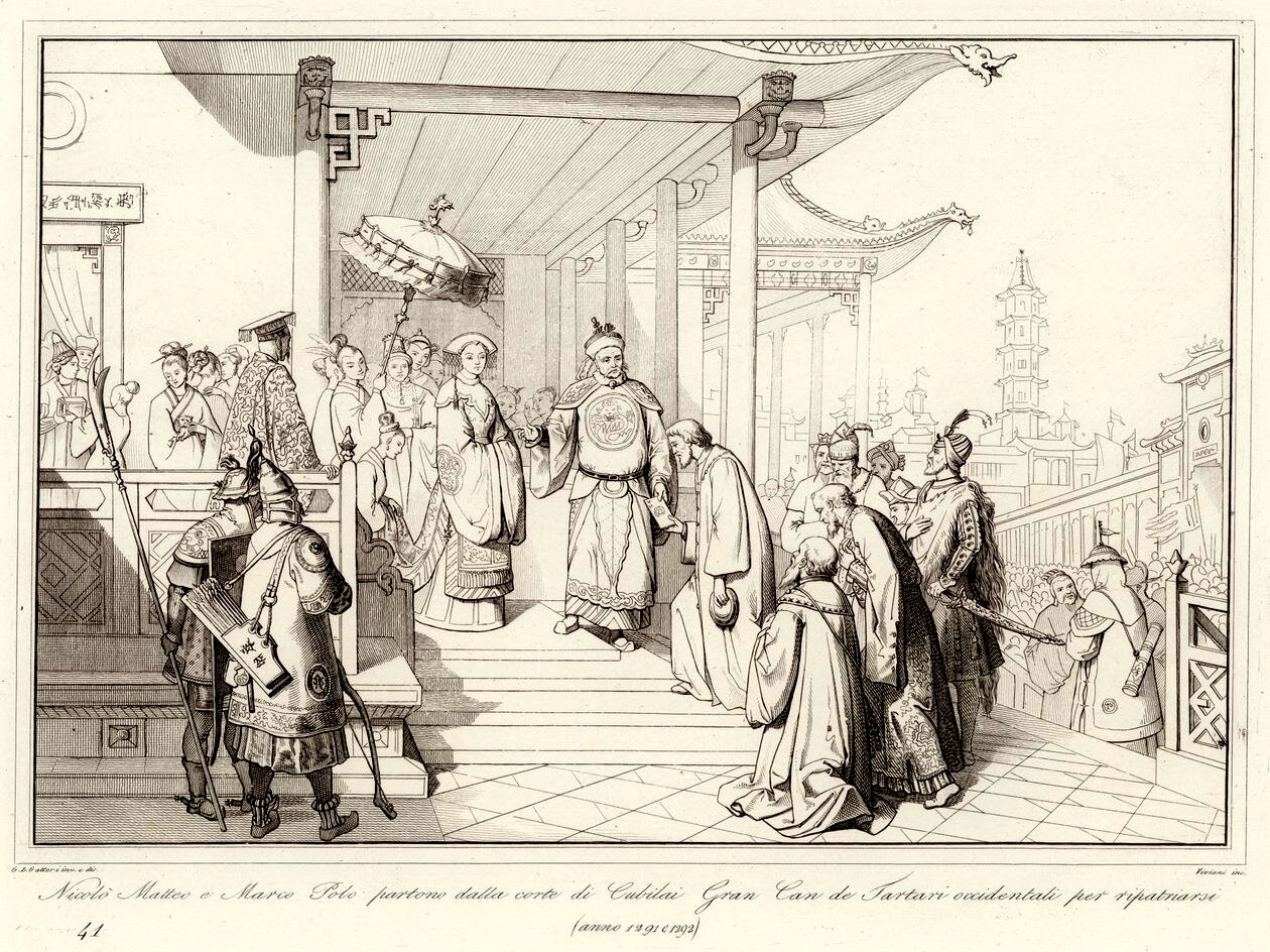 Niccolò, Maffeo and Marco Polo departing from the court of Kublai Khan in 1291.