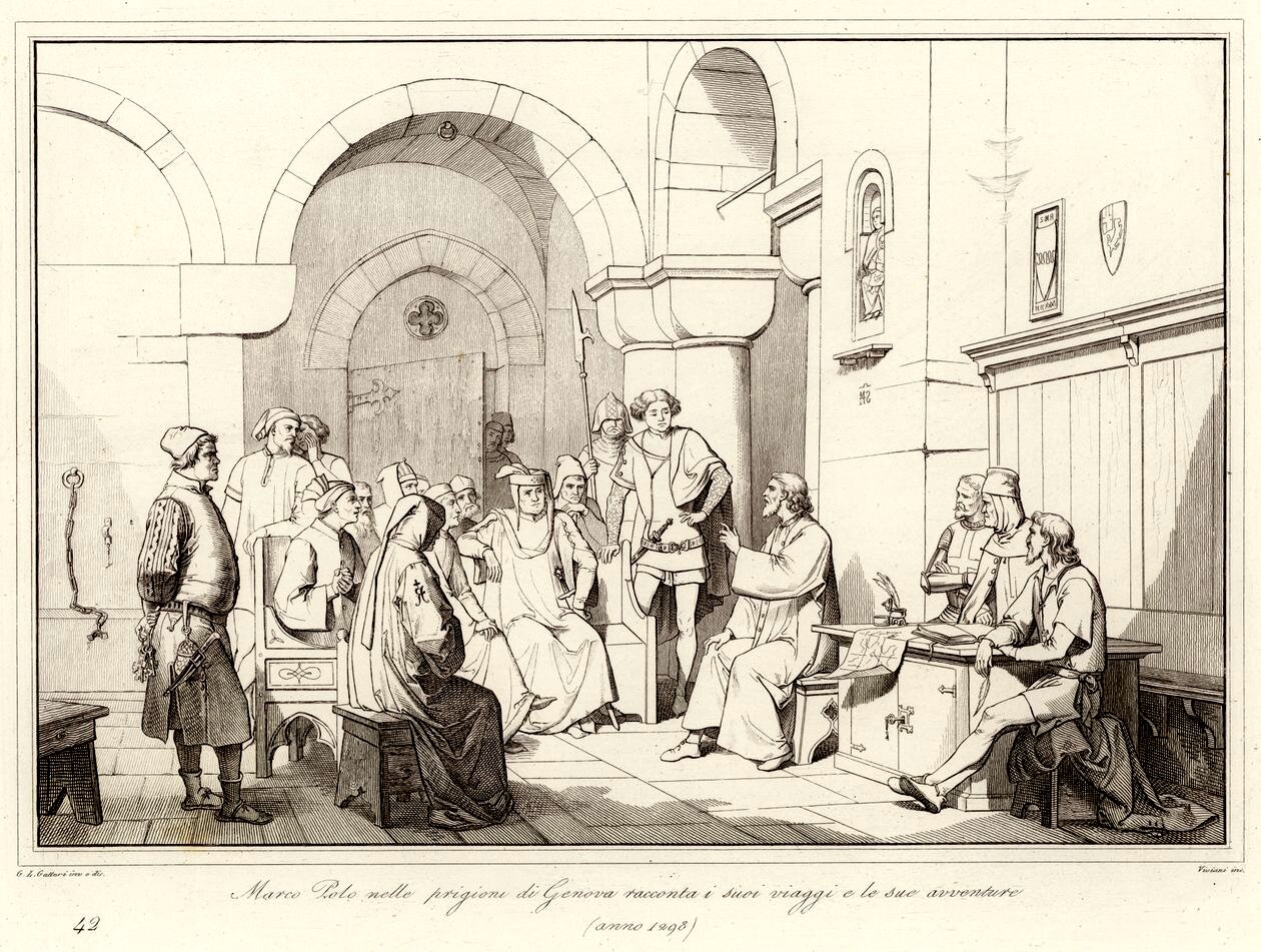 Marco Polo recounting his travels while imprisoned in Genoa in 1298.