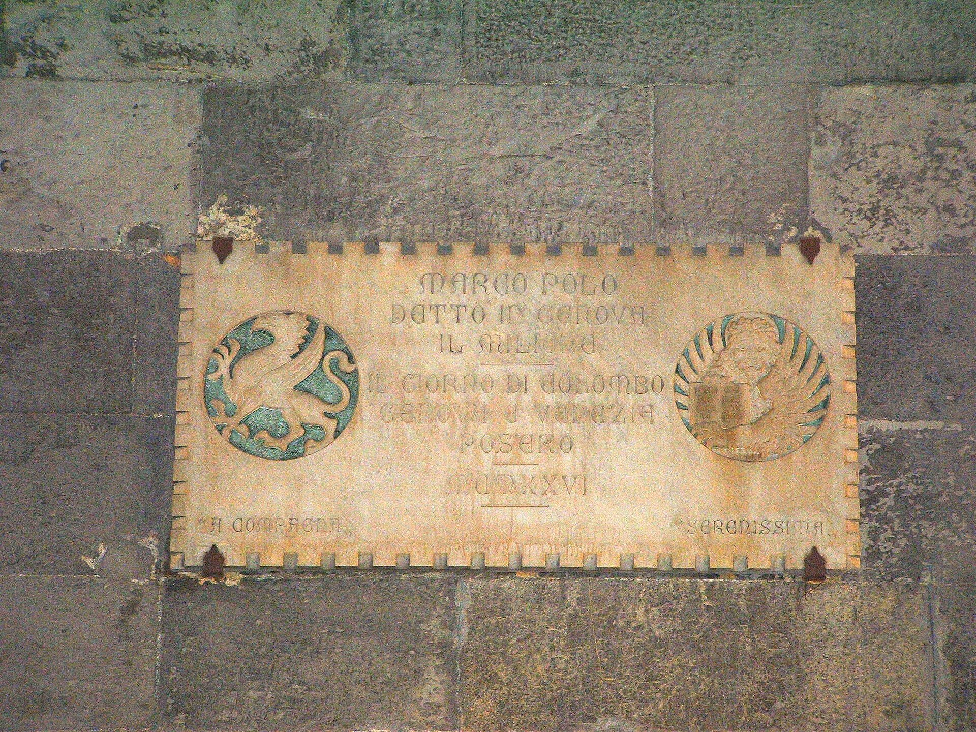 Memorial plaque in Genoa marking where Marco Polo dictated Il Milione. — Twice25 e Rinina25, CC BY 2.5 (Wikimedia Commons)