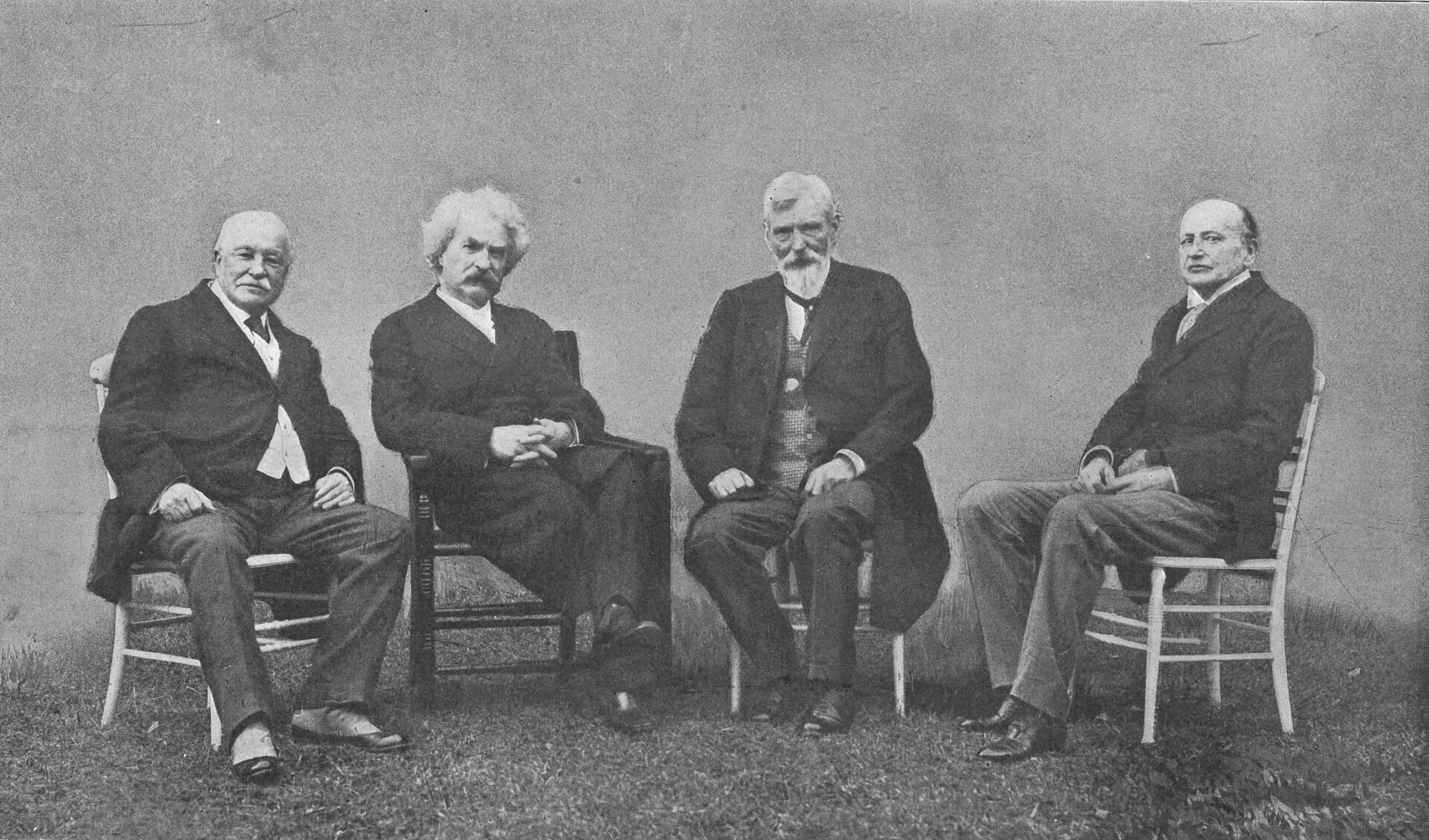 Mark Twain photographed with fellow writers W. D. Howells, Henry M. Alden and Mayo W. Hazeltine at Lakewood, New Jersey.