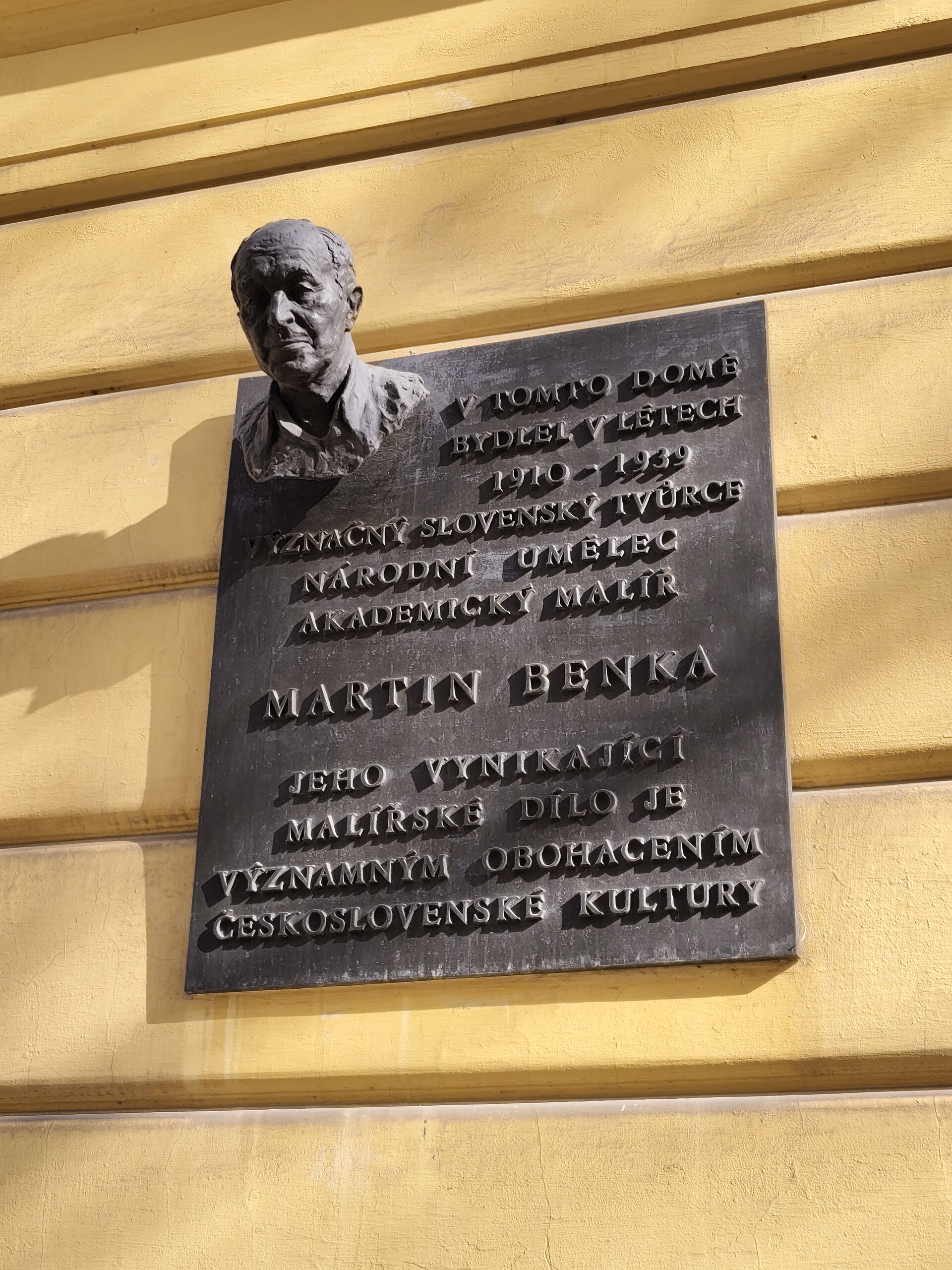 A memorial plaque to Martin Benka on the house in Vinohrady, Prague, where he lived.