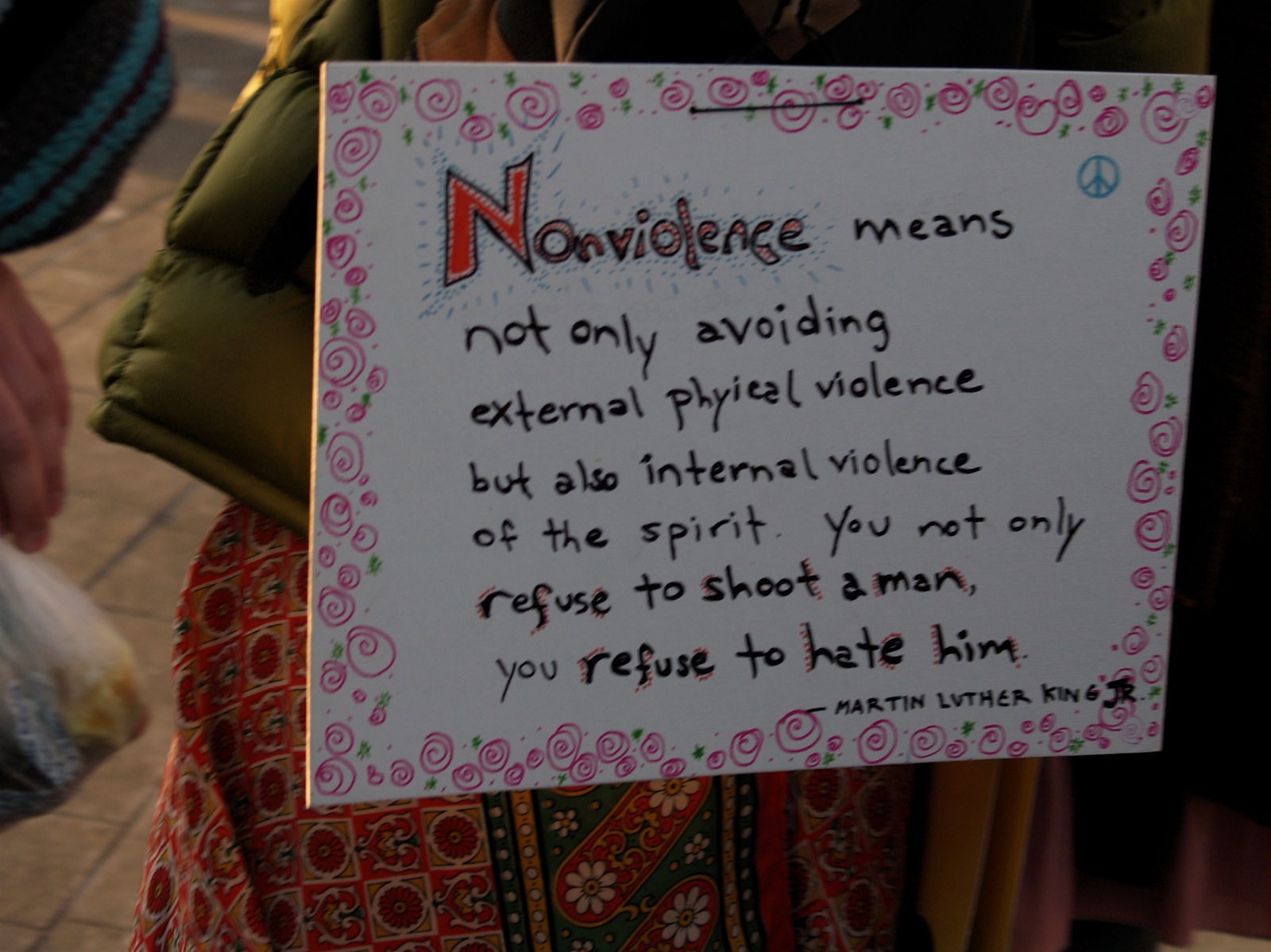 A sign bearing Martin Luther King Jr.'s words on nonviolence, in Washington, DC.