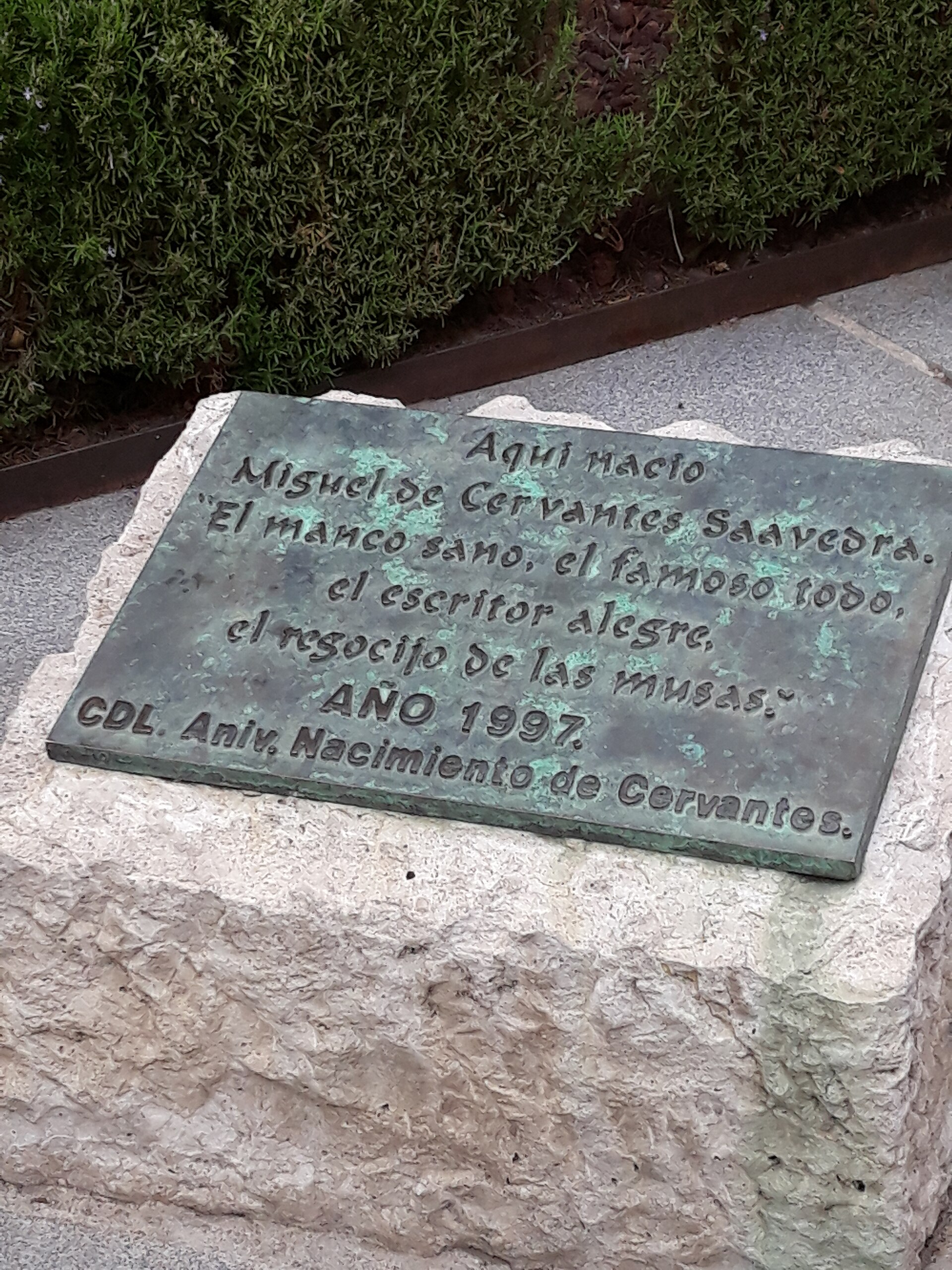 A memorial plaque to Miguel de Cervantes at the Don Quijote monument in his birthplace, Alcalá de Henares.