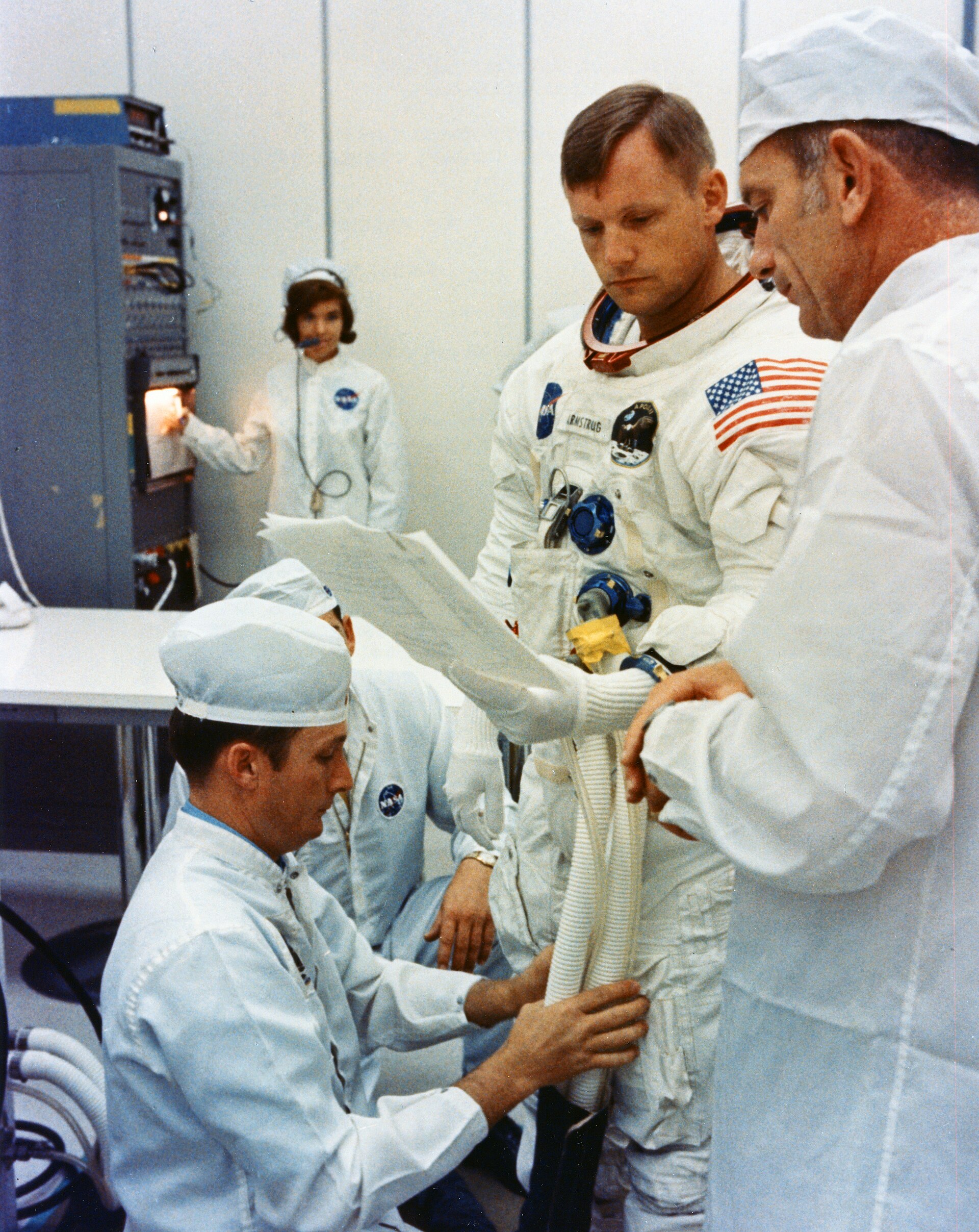 Neil Armstrong suiting up on the morning of the Apollo 11 launch, 16 July 1969.