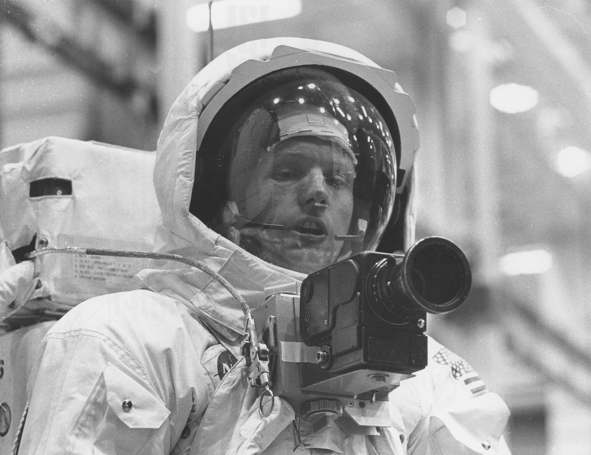 Neil Armstrong in his spacesuit during a lunar surface simulation in 1969.