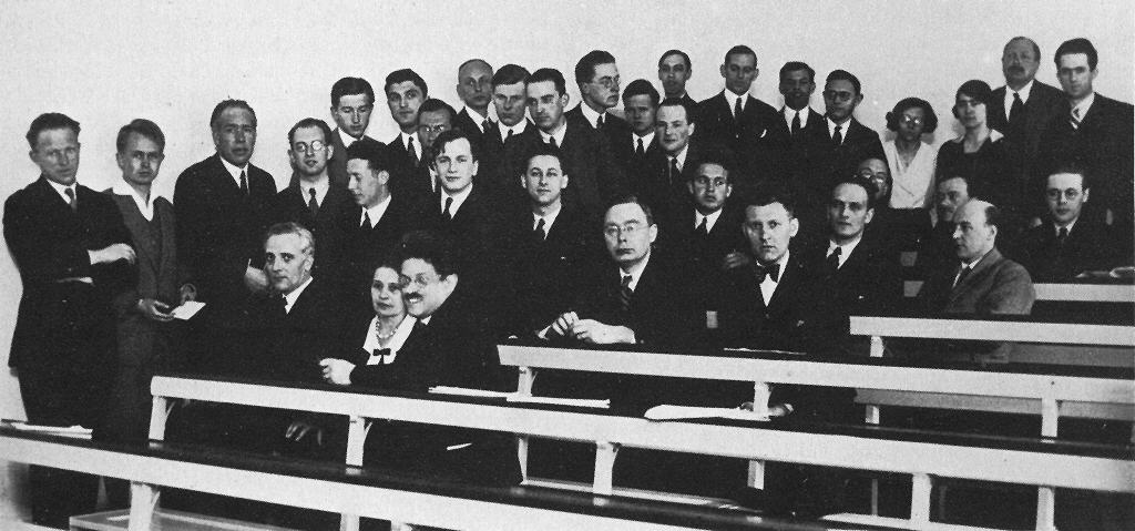 Niels Bohr among the physicists gathered in Copenhagen in the spring of 1932.