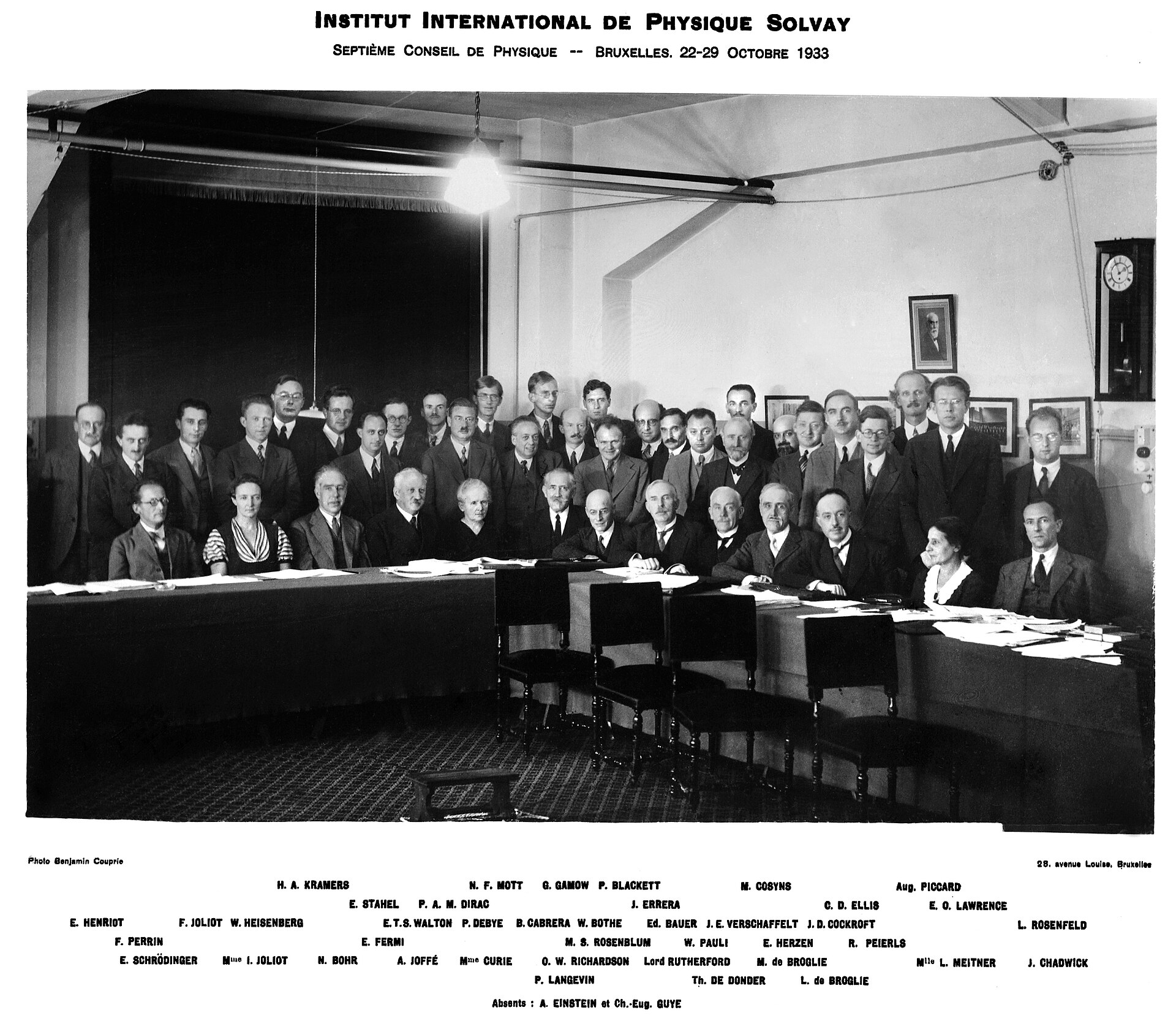 Niels Bohr (seated) among the physicists at the seventh Solvay Conference in Brussels, 1933.