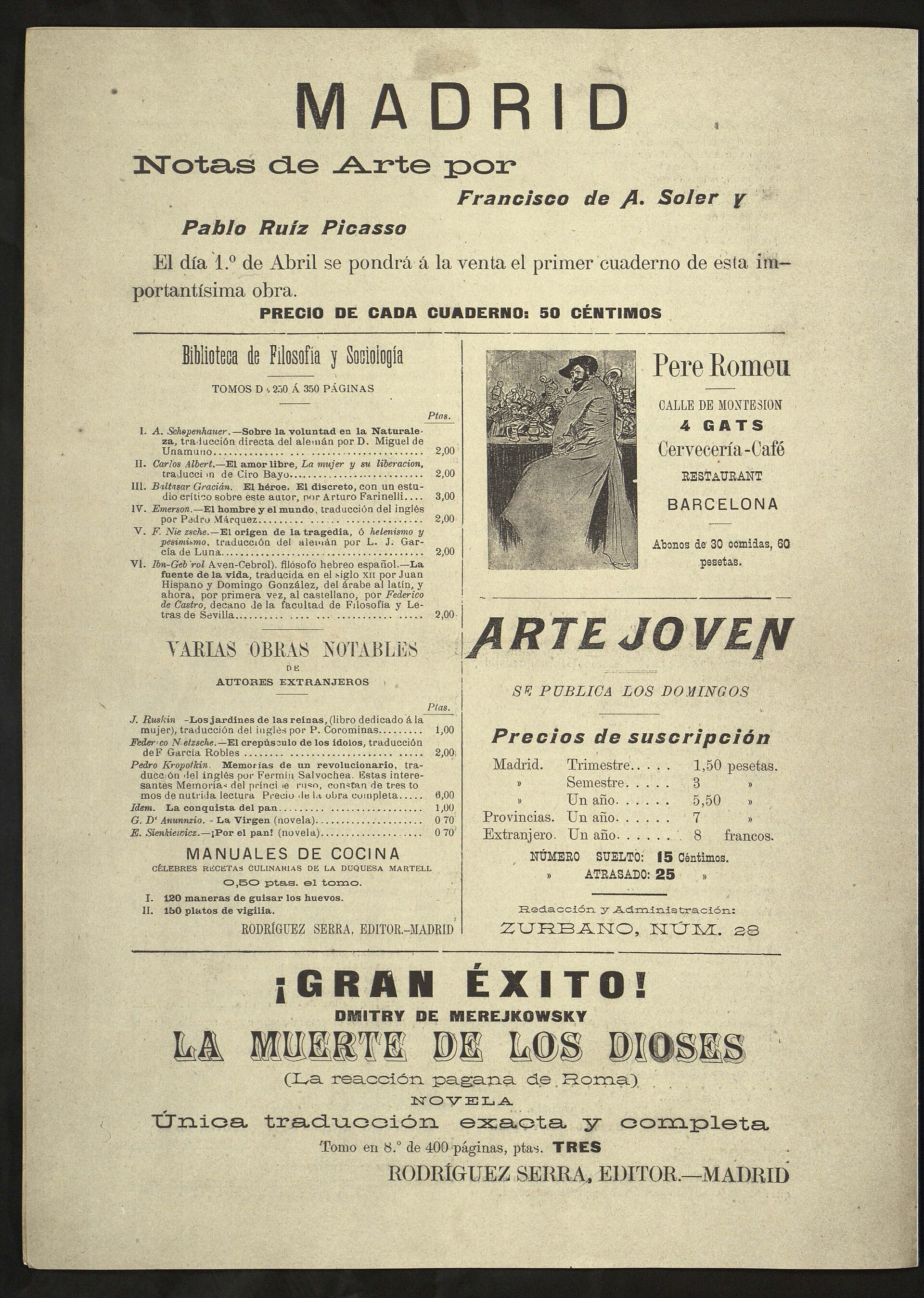 The back cover of the magazine Arte Joven, which Pablo Picasso helped found in 1901.