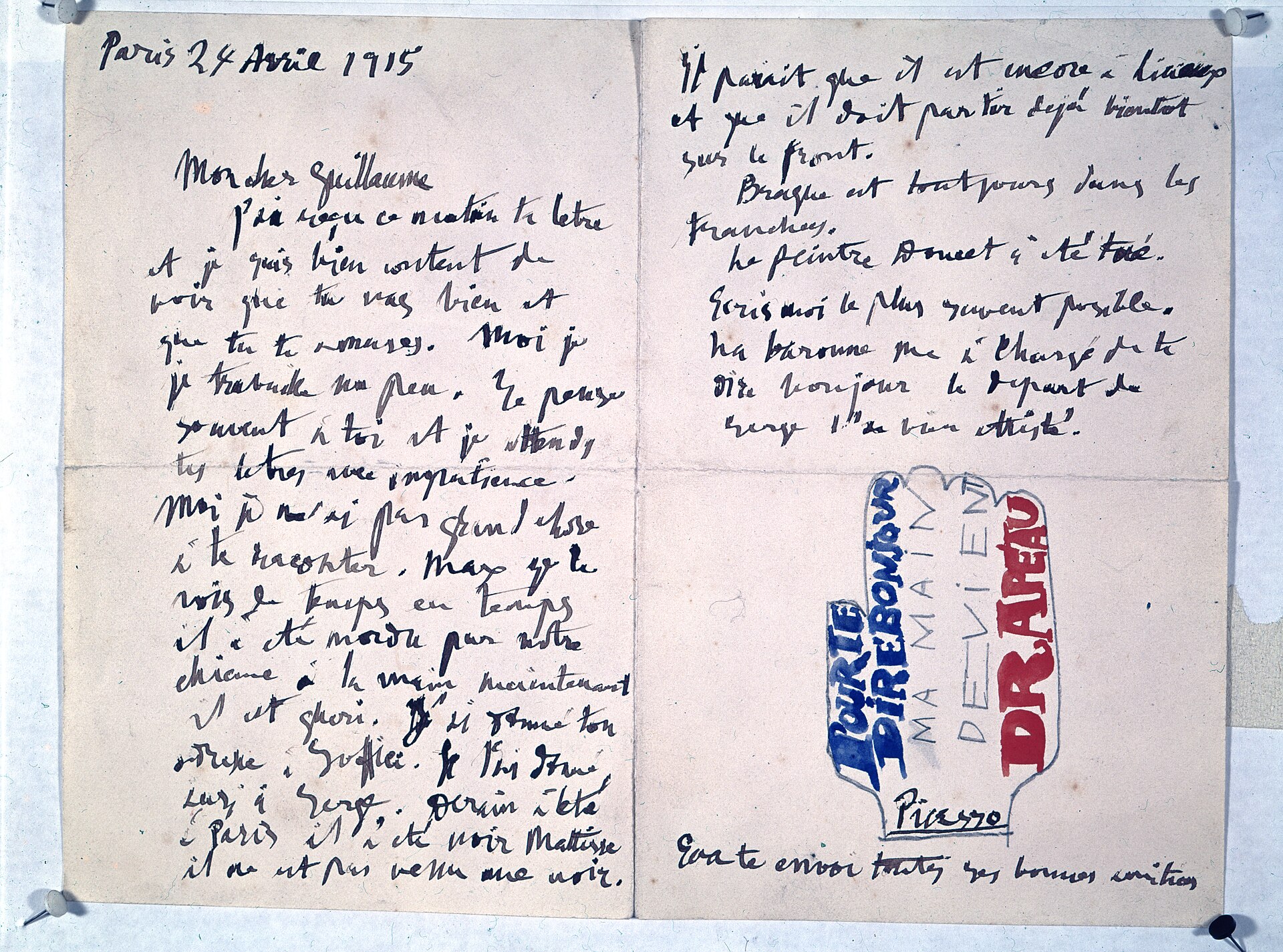 A letter written by Pablo Picasso to Guillaume Apollinaire. — Pablo Picasso / Françoise Foliot, CC BY-SA 4.0 (Wikimedia Commons)