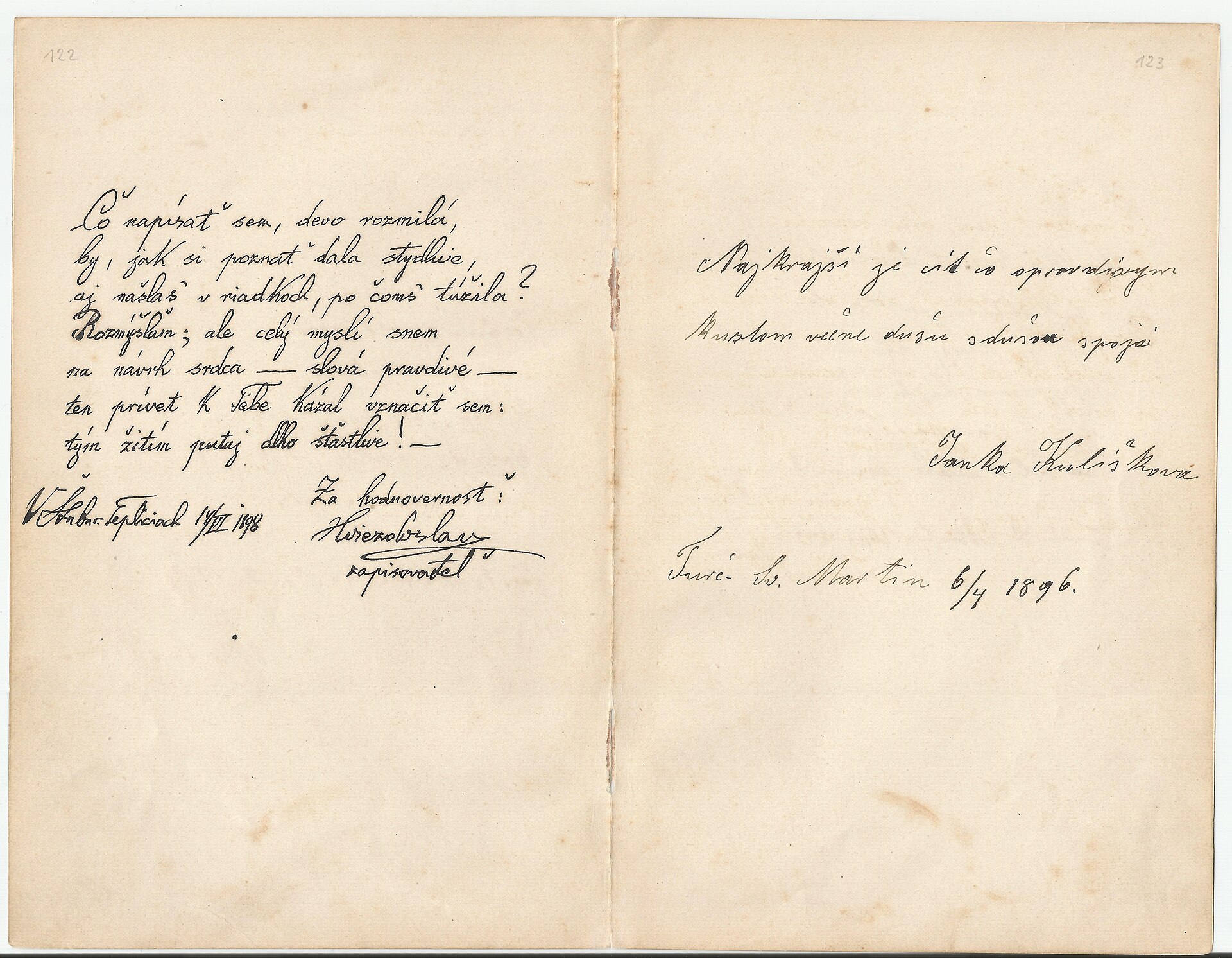 Hviezdoslav's verses dedicated to Marína Oľga Horváthová.